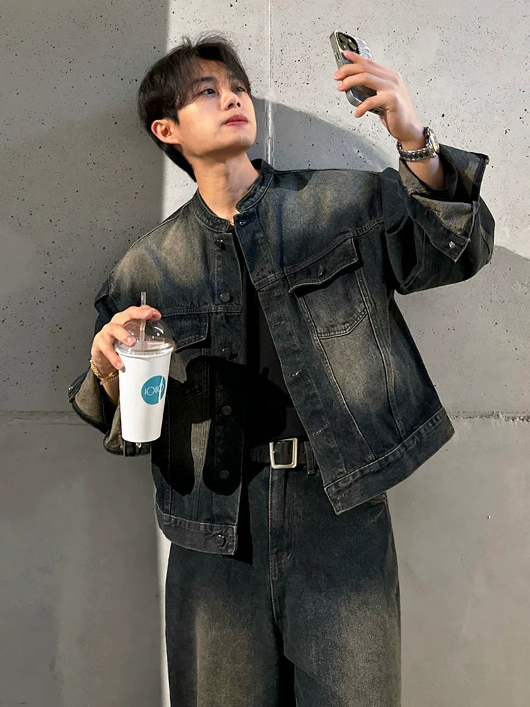 Ruffian handsome retro stand-up collar denim jacket men's spring and autumn loose wide-leg jeans Korean fashion suit T0150