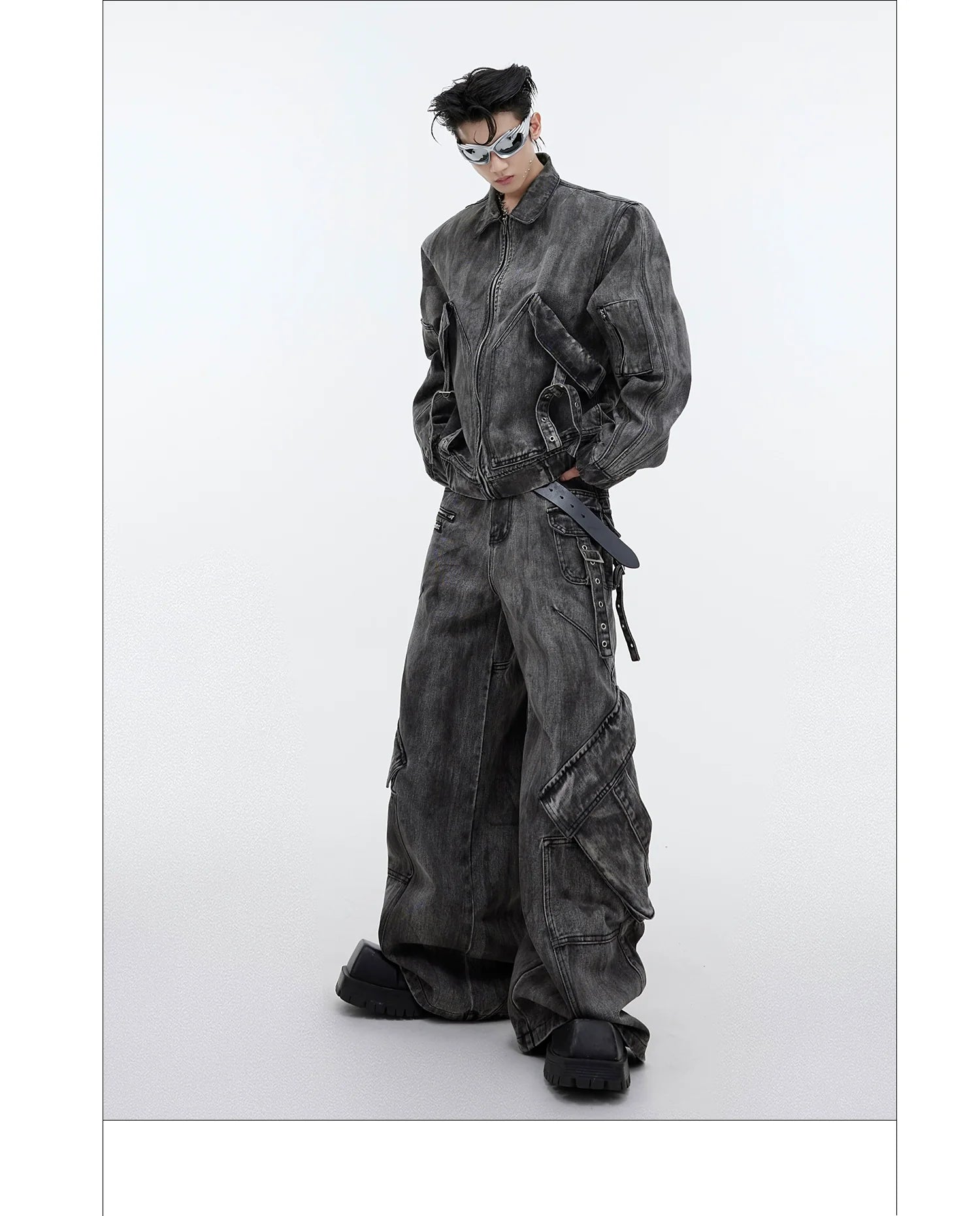 Niche retro old denim suit jacket jacket wasteland heavy zipper big pocket overalls R016