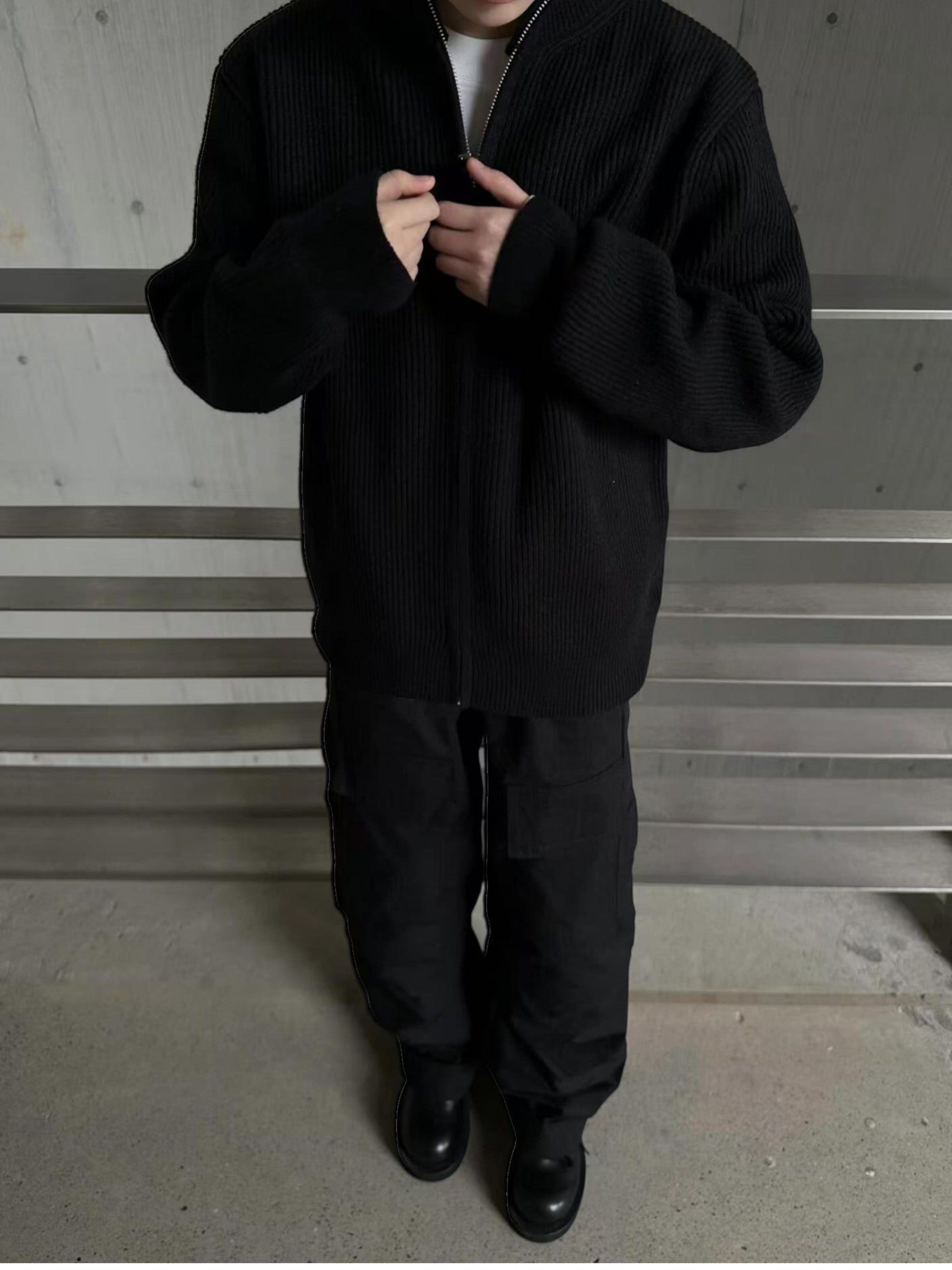 [WXB] KOREAN RIBBED ZIP-UP HIGH COLLAR shirt T0203