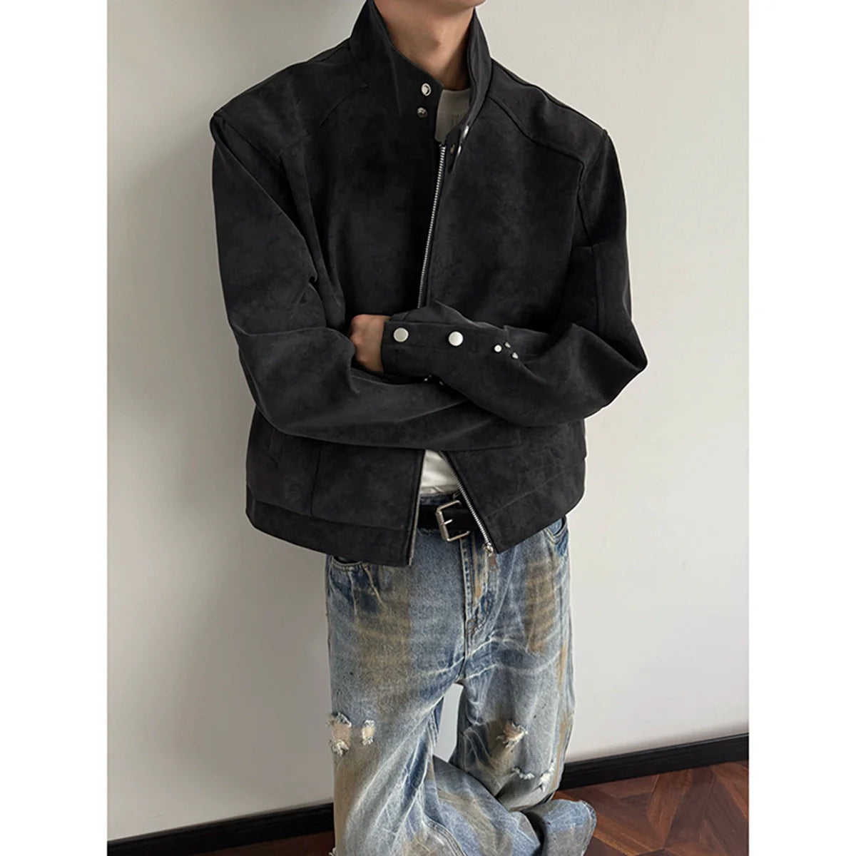 American Harrington pu leather jacket jacket men's trendy brand autumn high street design sense ruffian handsome locomotive suit stand-up collar leather jacket T0156