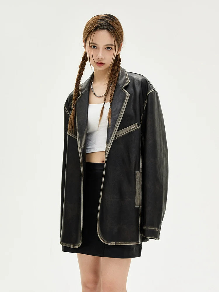 American retro polished leather jacket suit for men and women, black trendy jacket R009