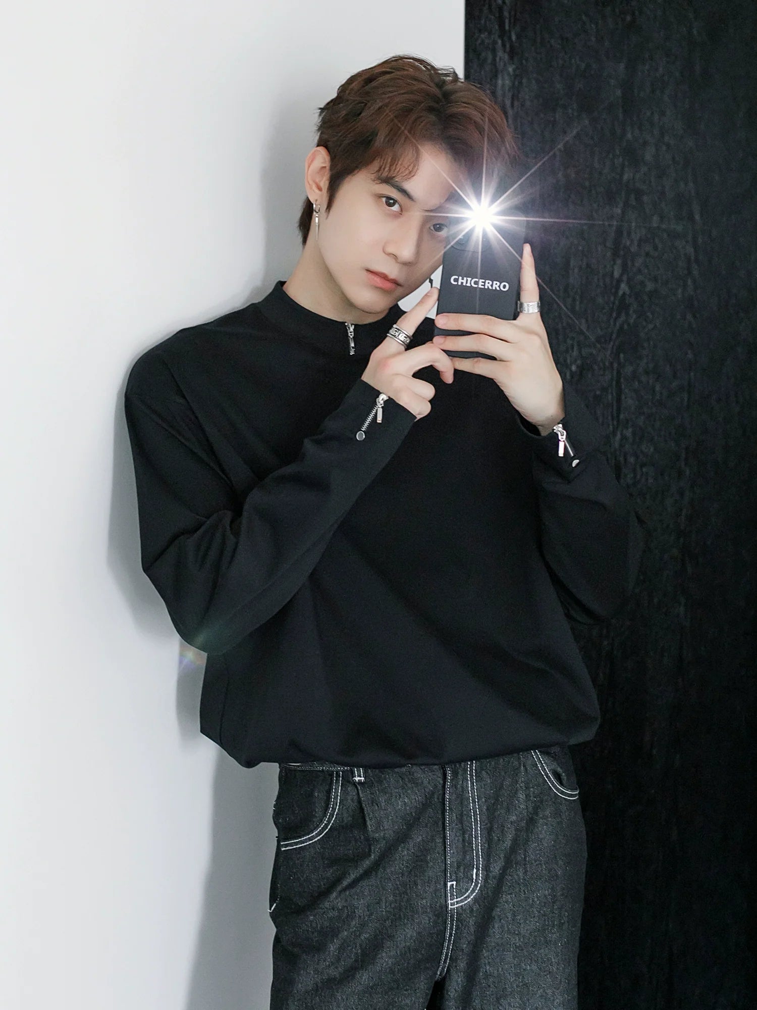 Men's spring zipper design sense inner bottoming shirt thin white long-sleeved T-shirt tide J0084