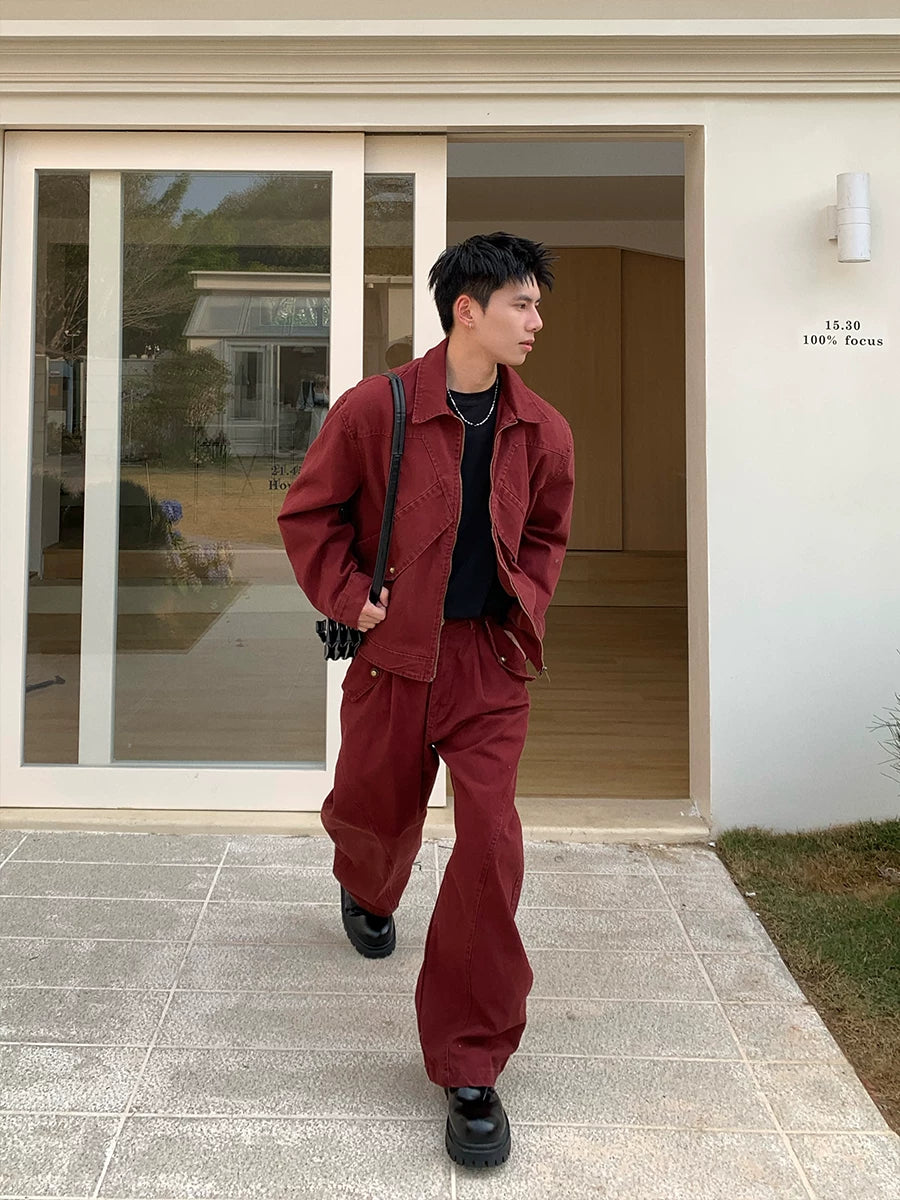 American High Street Red Lapel Jacket Jeans  Set FFF0291