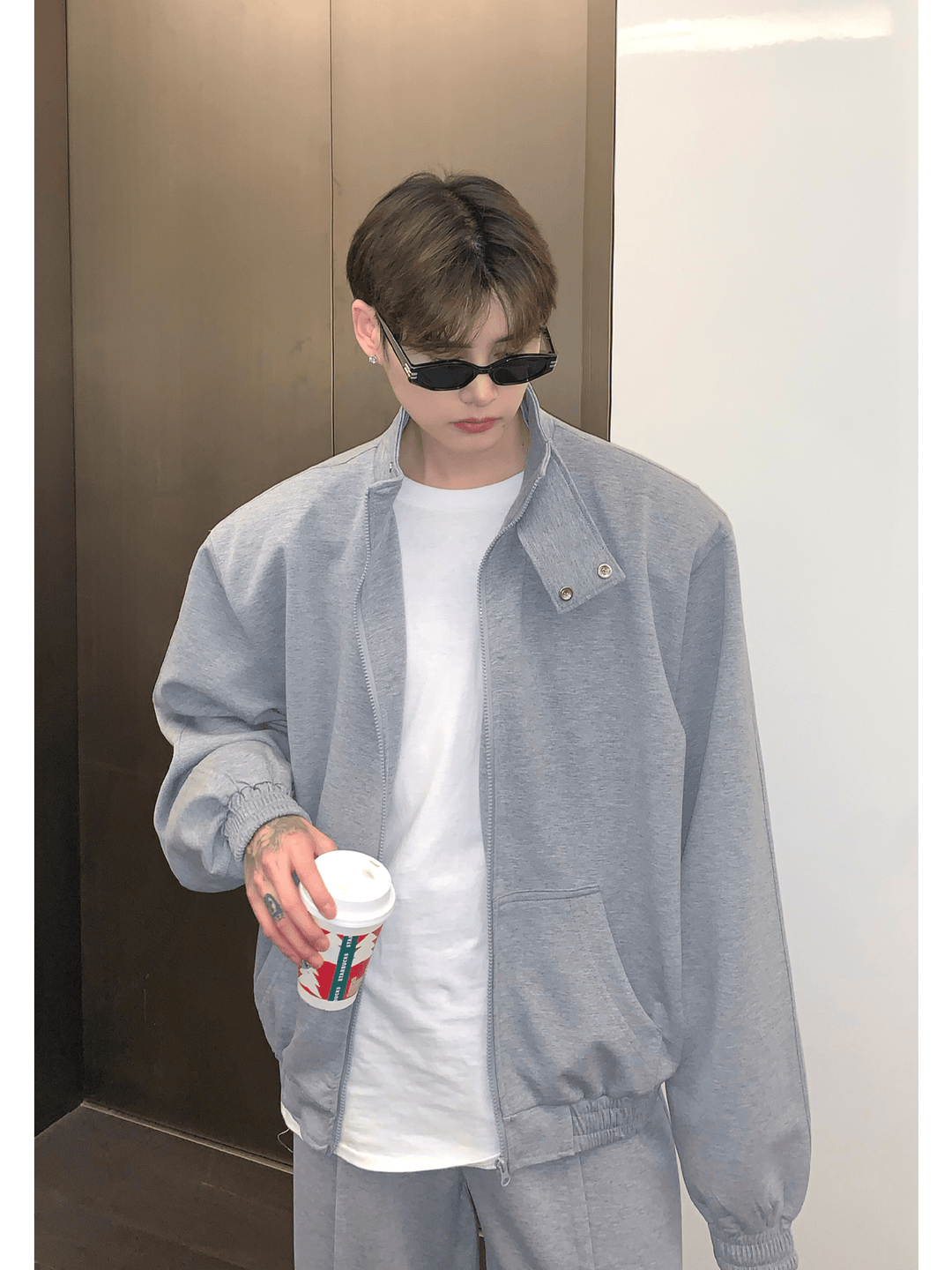 [CUIBUJU] スタンドカラーショルダーパッドカーディガンセーターセットアップ S0195