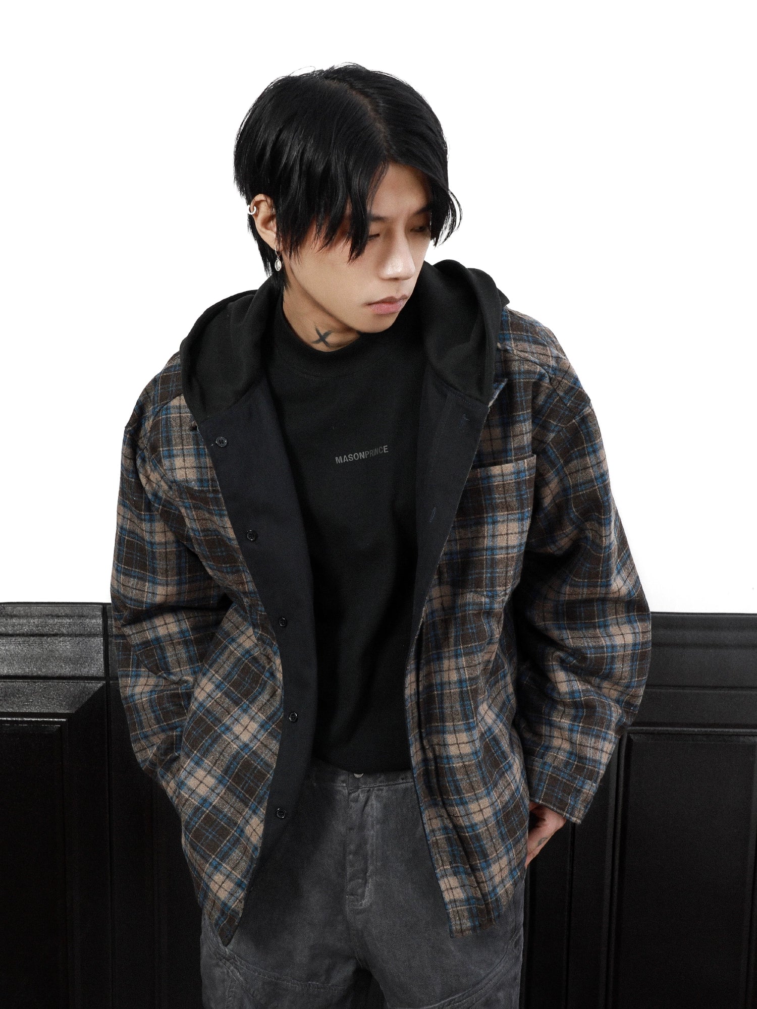 American retro double-sided plaid hooded jacket jacket men's niche spring loose couple sweater S0178