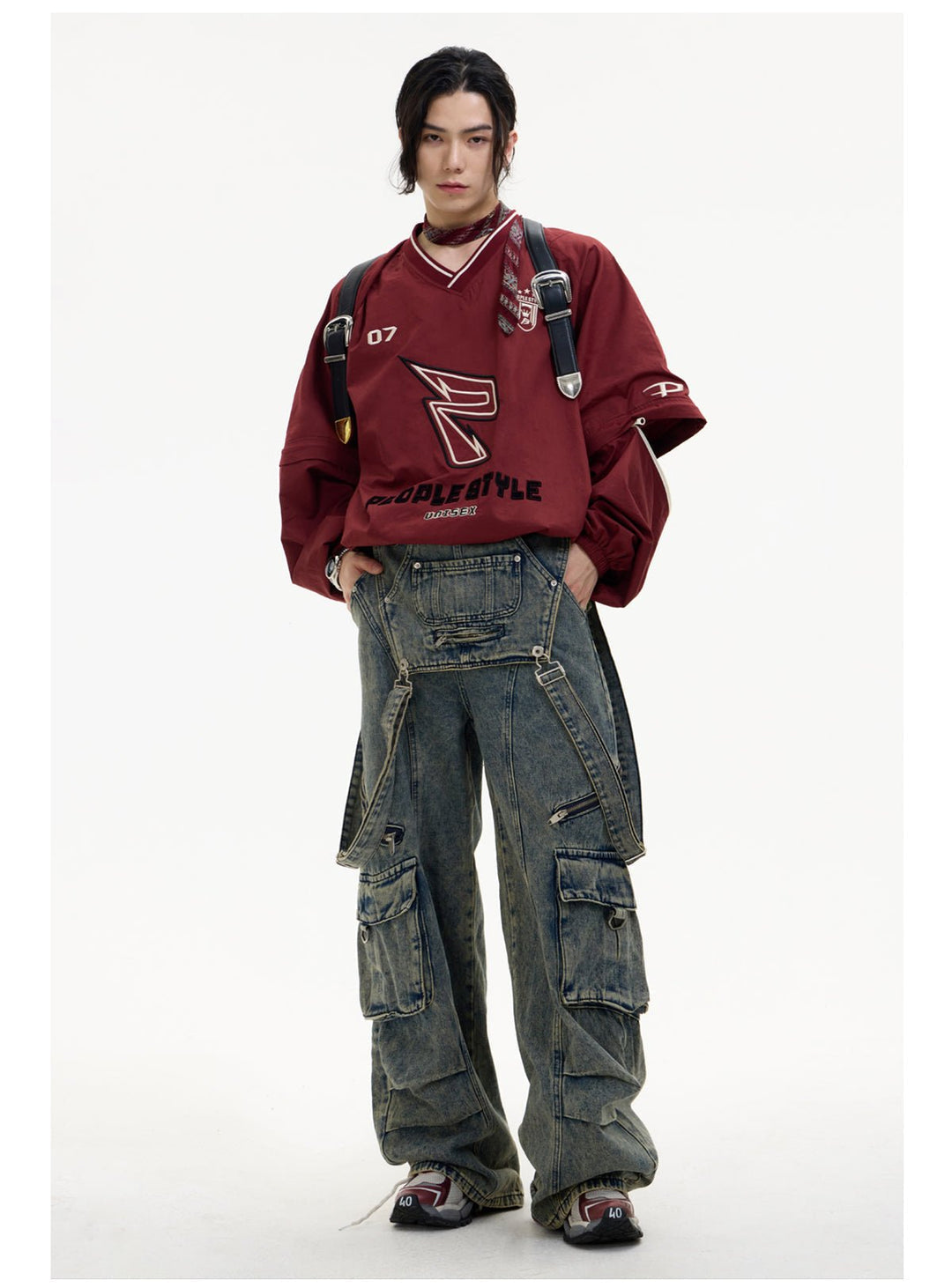 [PeopleStyle] Badge Embroidery Retro Sport V-Neck Sweatshirt S0216