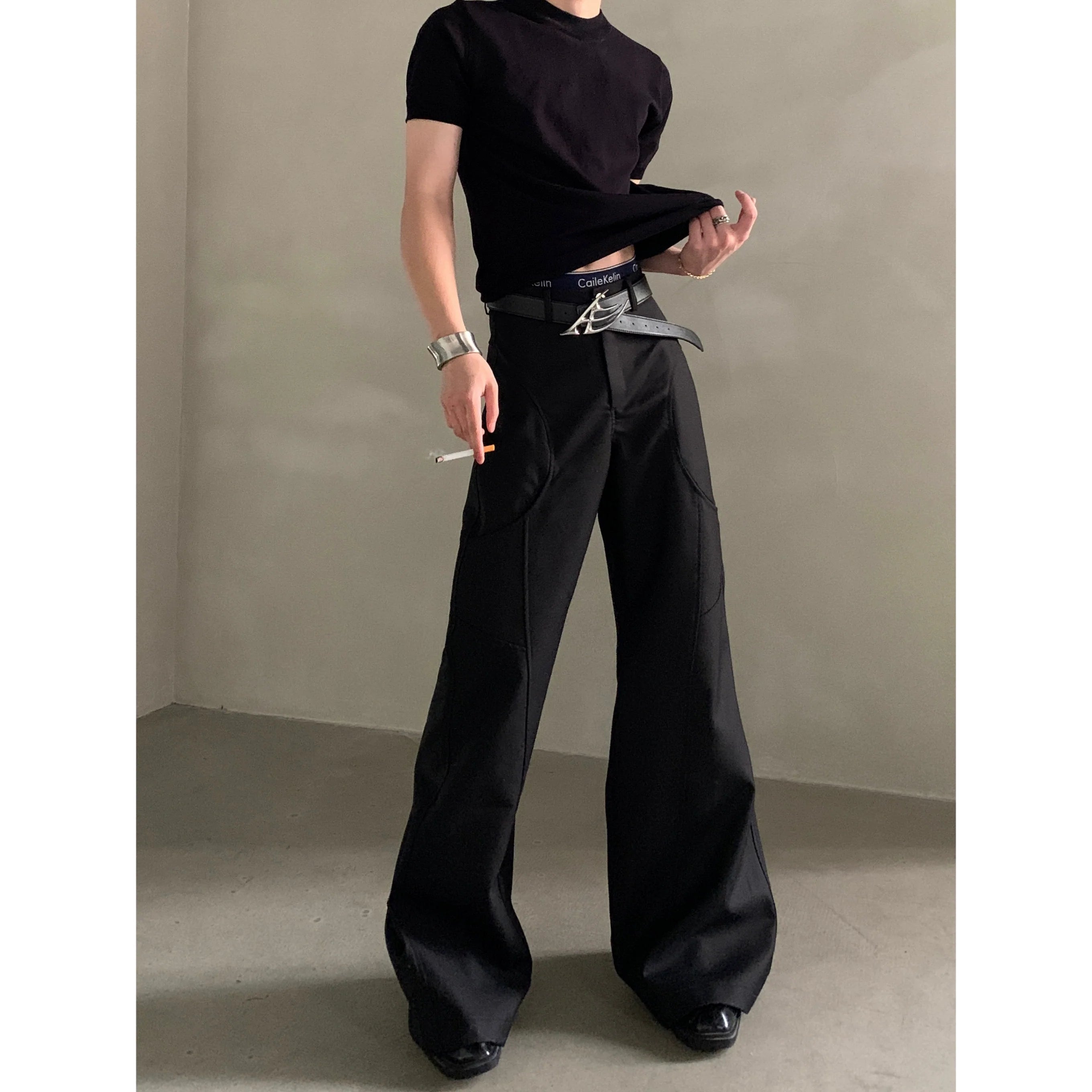 Niche design silhouette black micro-flared trousers men's senior sense cleanfit casual pants tide B0323