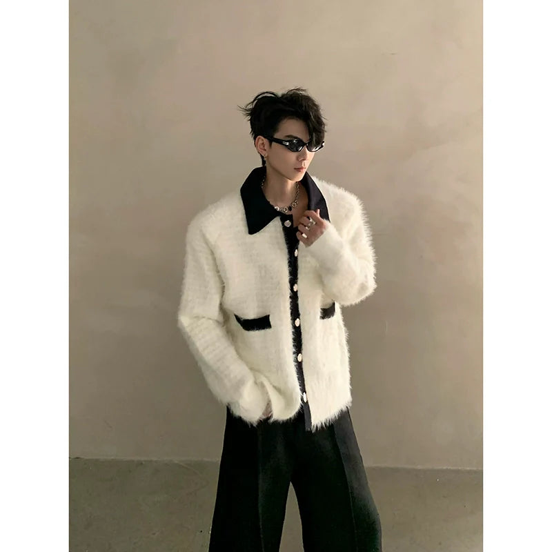 Winter extravagant atmosphere small fragrant lapel knitted cardigan men's heavy button sweater jacket  S0163