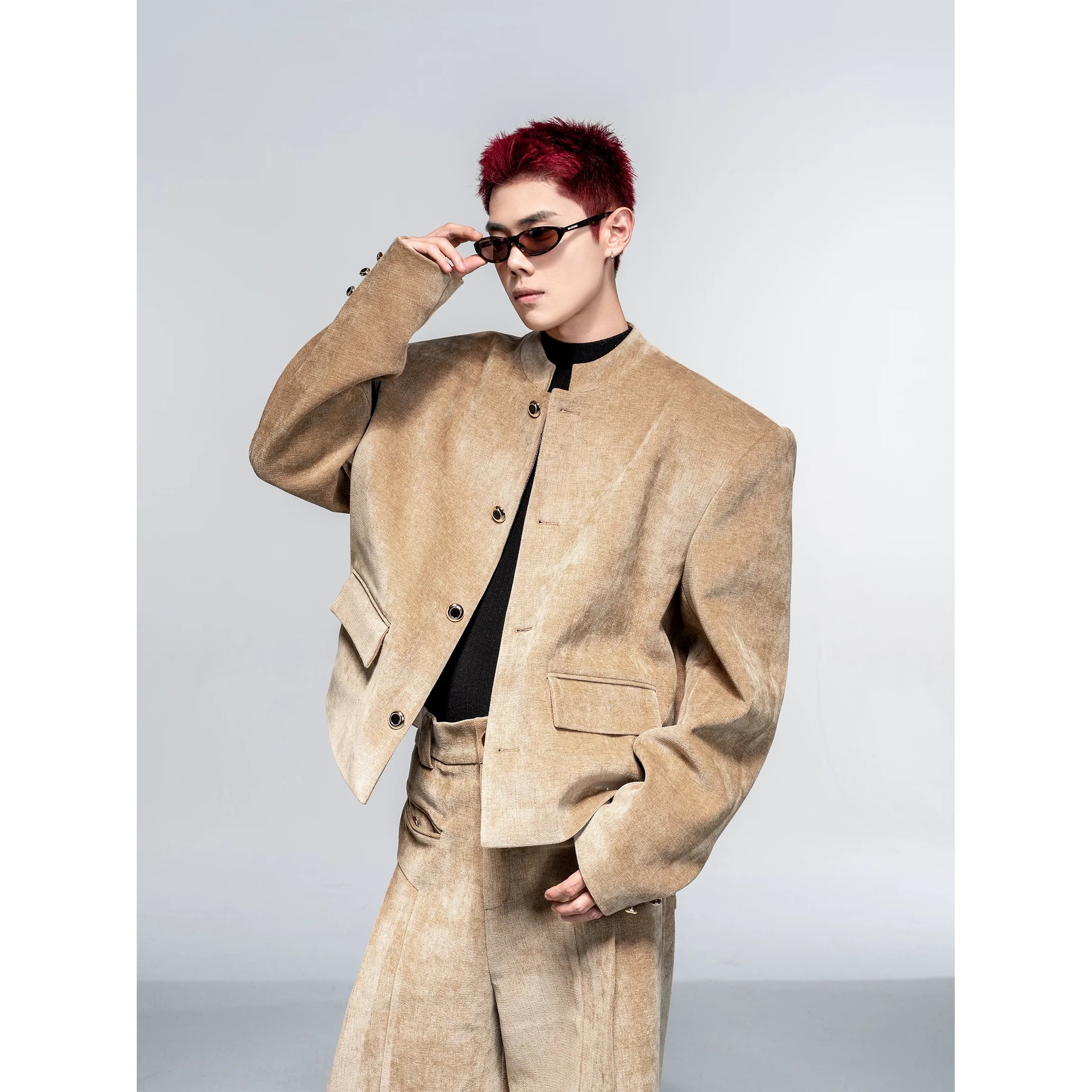 High-end suit suit men's autumn and winter casual suit jacket shoulder padded jacket velvet wide-leg pants two-piece set R025