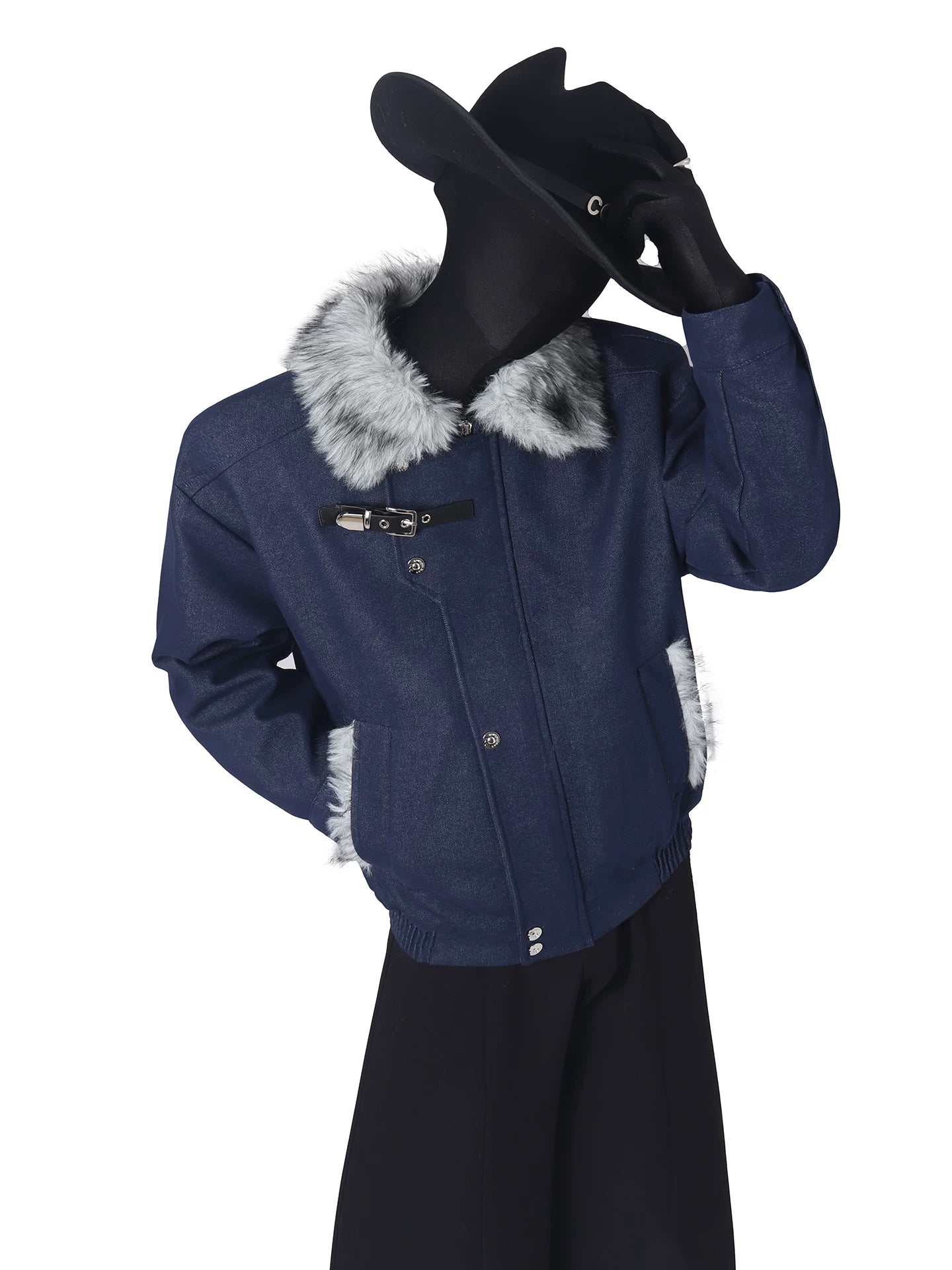 Denim fur collar locomotive cotton jacket FE0705