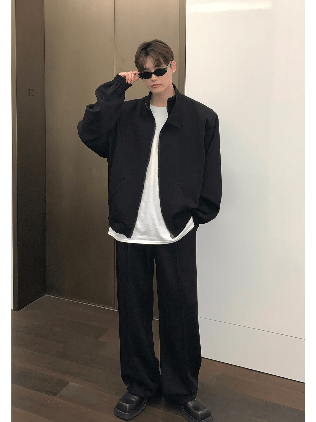 [CUIBUJU] スタンドカラーショルダーパッドカーディガンセーターセットアップ S0195