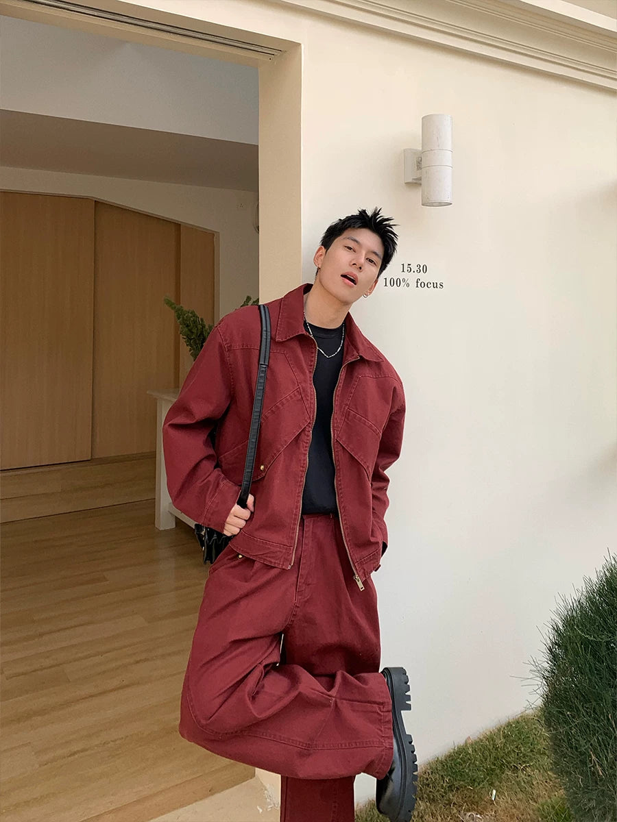 American High Street Red Lapel Jacket Jeans  Set FFF0291