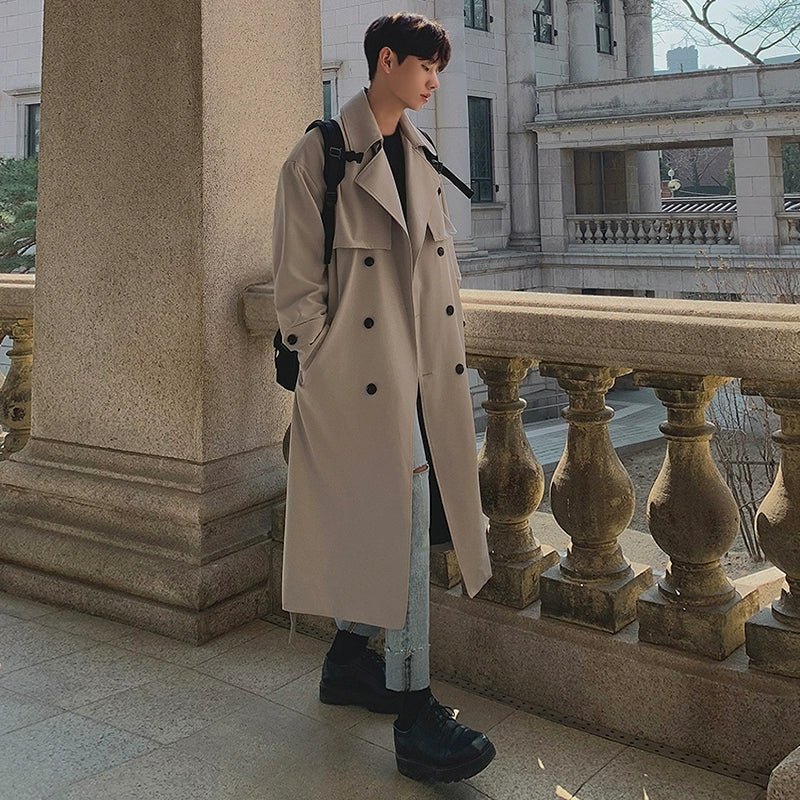Autumn knee trench coat men's medium and long double-breasted loose coat Korean trendy casual handsome coat R035