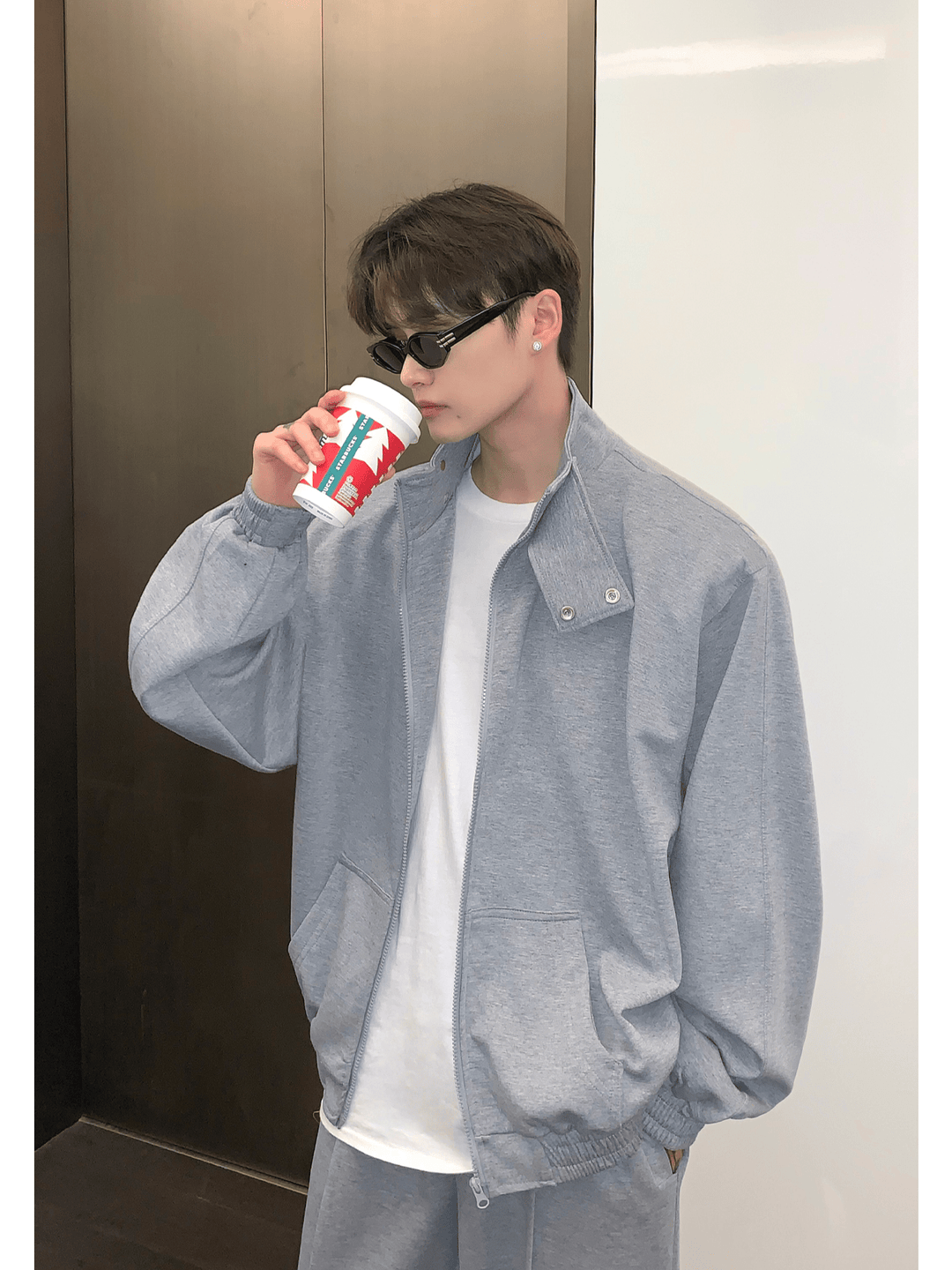 [CUIBUJU] スタンドカラーショルダーパッドカーディガンセーターセットアップ S0195