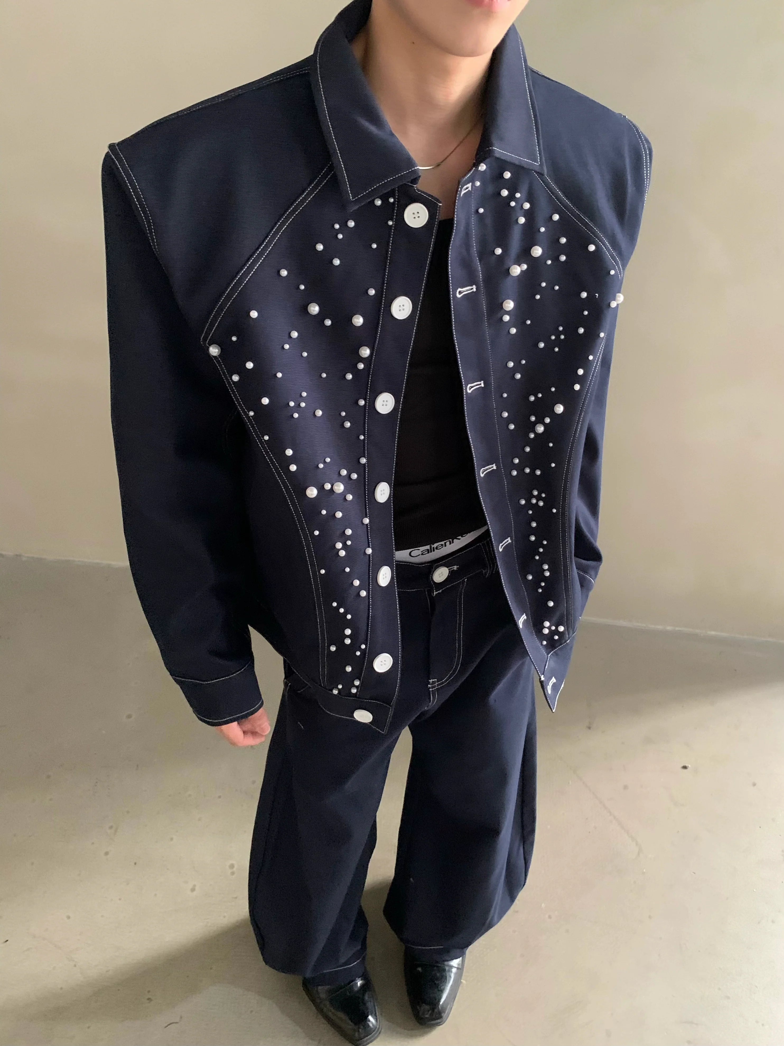 Niche high-end sense light luxury bright diamond pearl design denim jacket men's ruffian handsome fashion suit tide R006