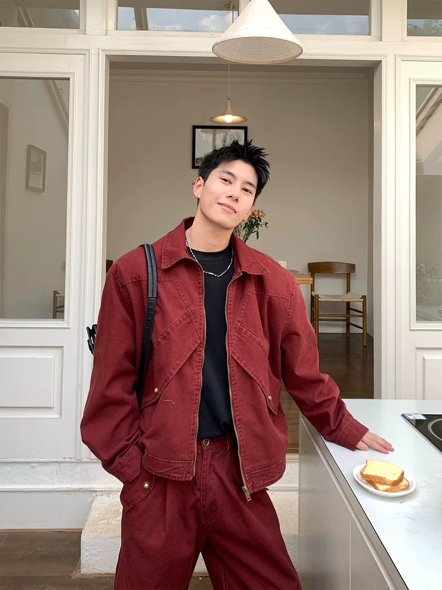 American High Street Red Lapel Jacket Jeans  Set FFF0291