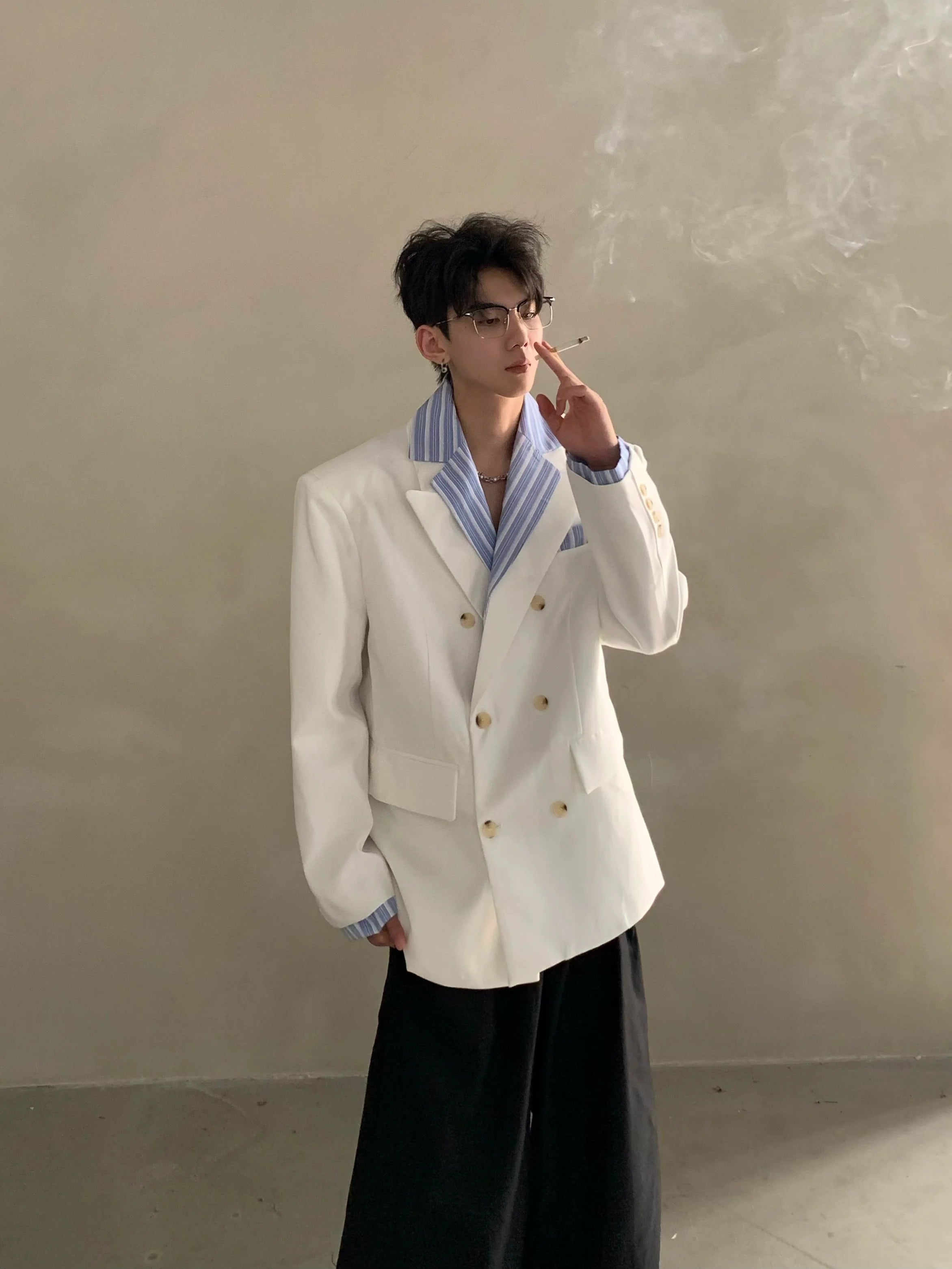 Traje de hombre de alta gama Miu a rayas con cuello camisero y hombreras, chaqueta estilo rufián R005 