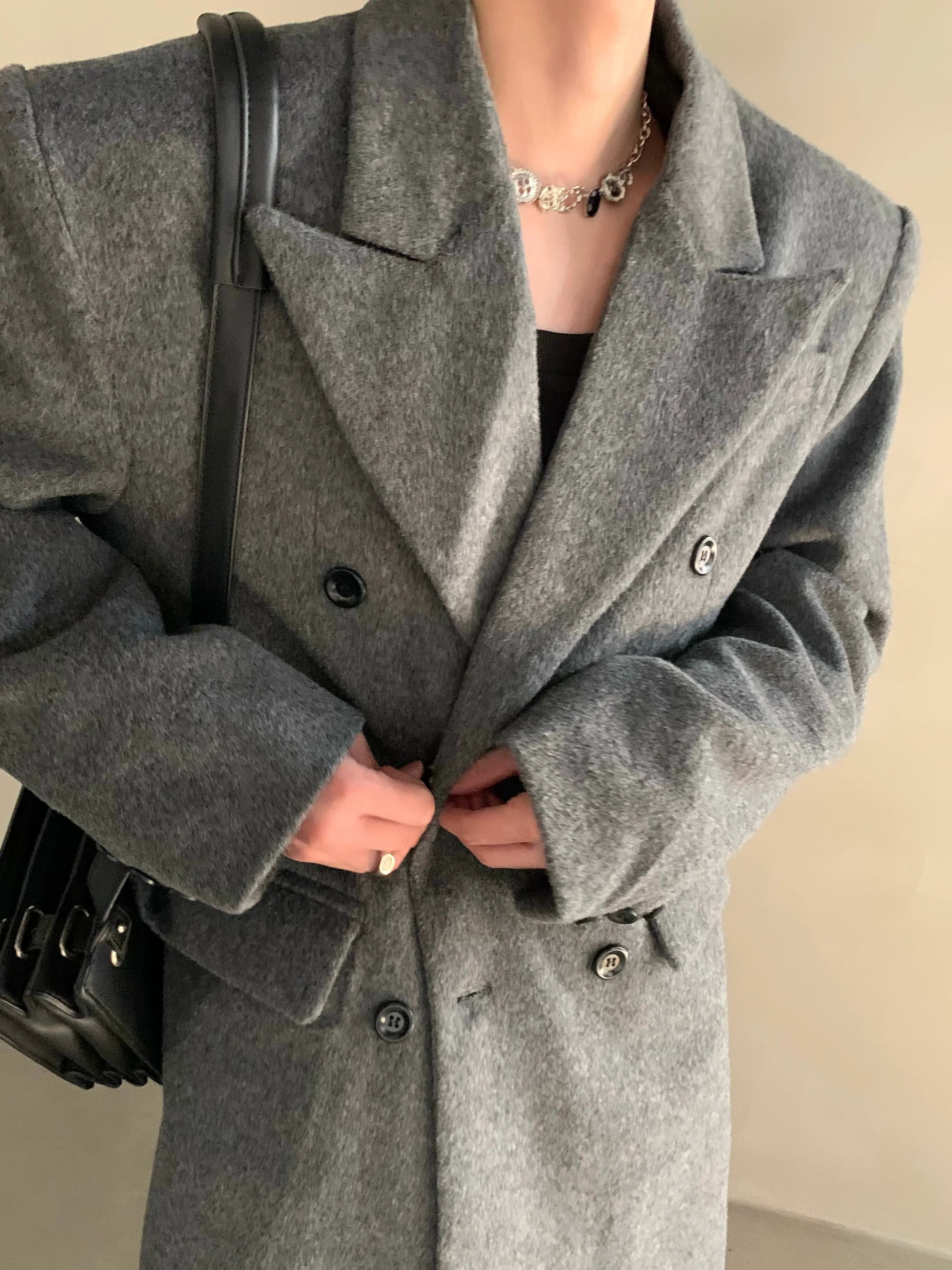 冬用ニッチショルダーパッド入りシルエットウールコートメンズロングダブルブレストプレミアムトレンチコートR037 