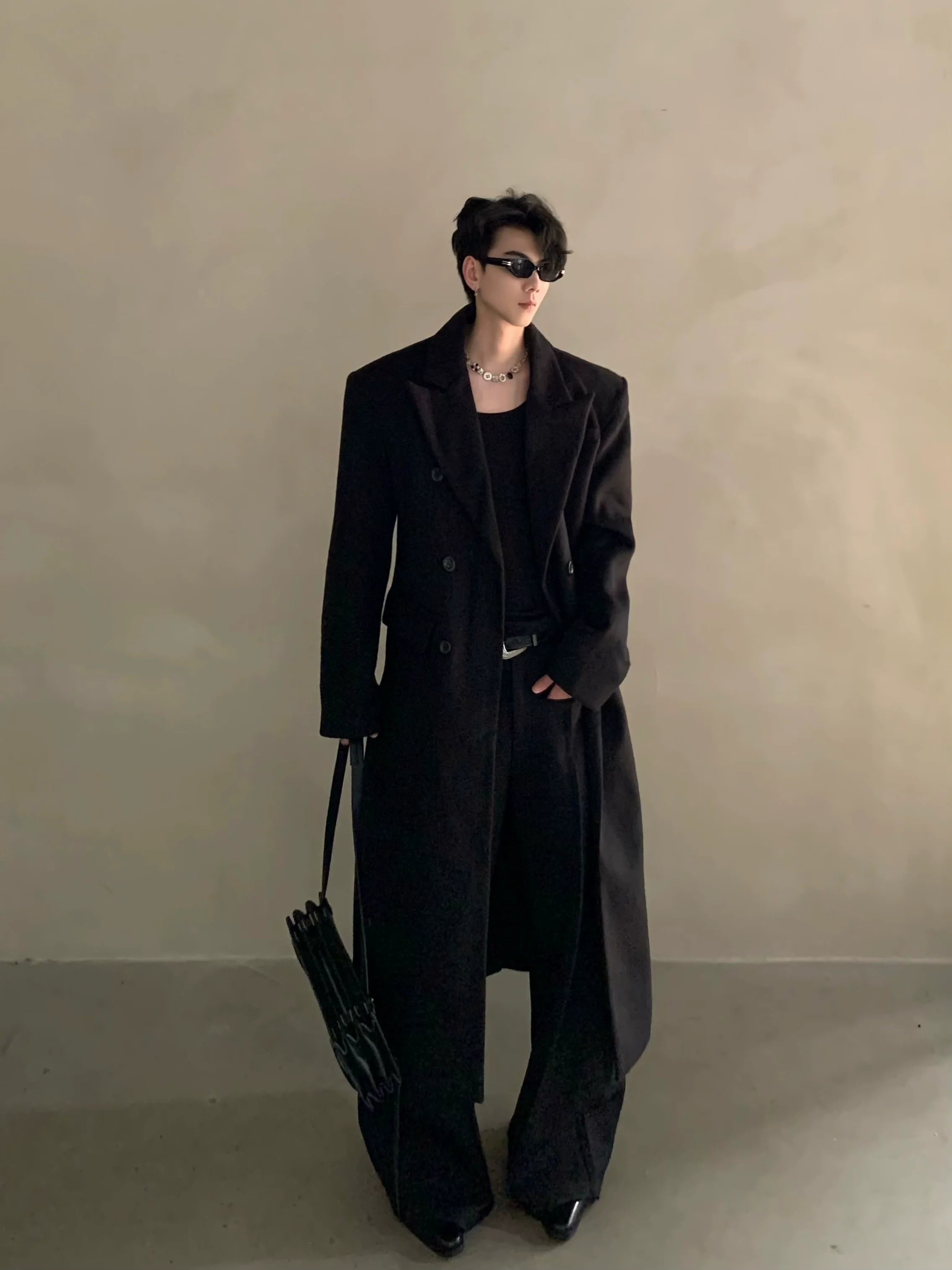 冬用ニッチショルダーパッド入りシルエットウールコートメンズロングダブルブレストプレミアムトレンチコートR037 