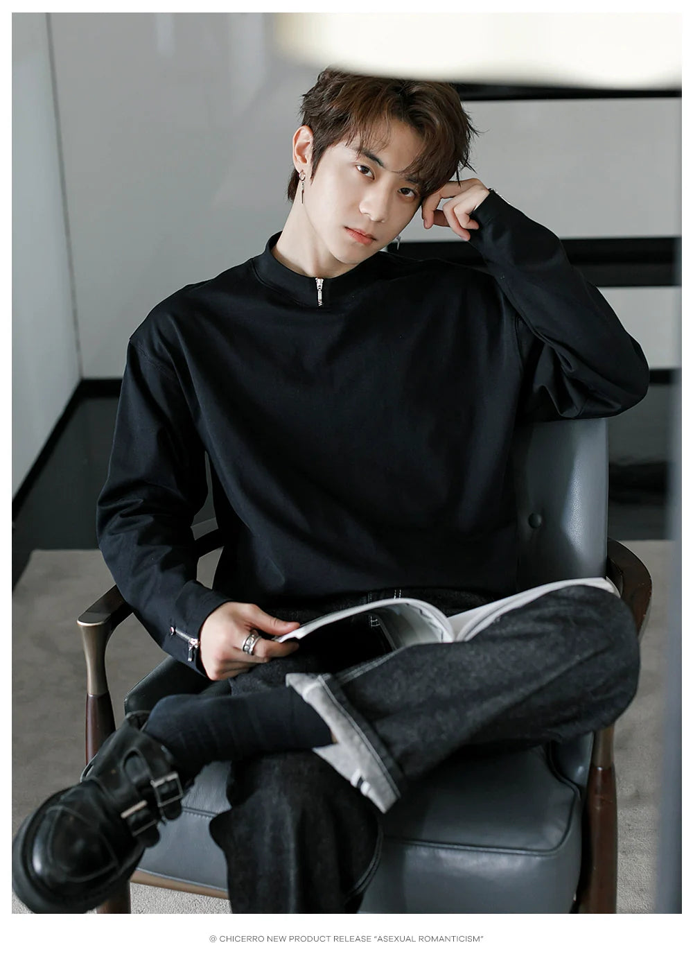 Men's spring zipper design sense inner bottoming shirt thin white long-sleeved T-shirt tide J0084