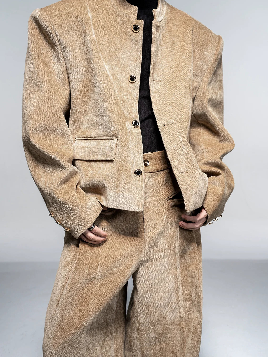 High-end suit suit men's autumn and winter casual suit jacket shoulder padded jacket velvet wide-leg pants two-piece set R025