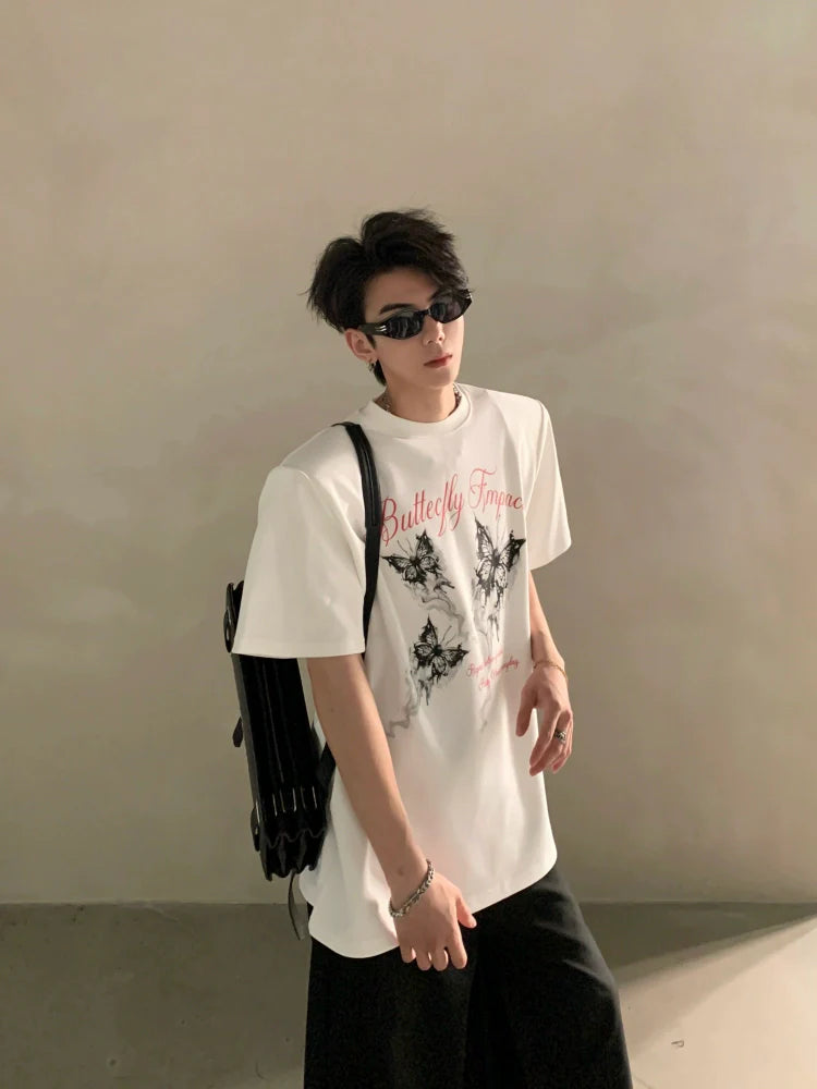Summer niche high-end butterfly printing heavy shoulder pads short-sleeved T-shirt men's half-sleeved top tide J0087