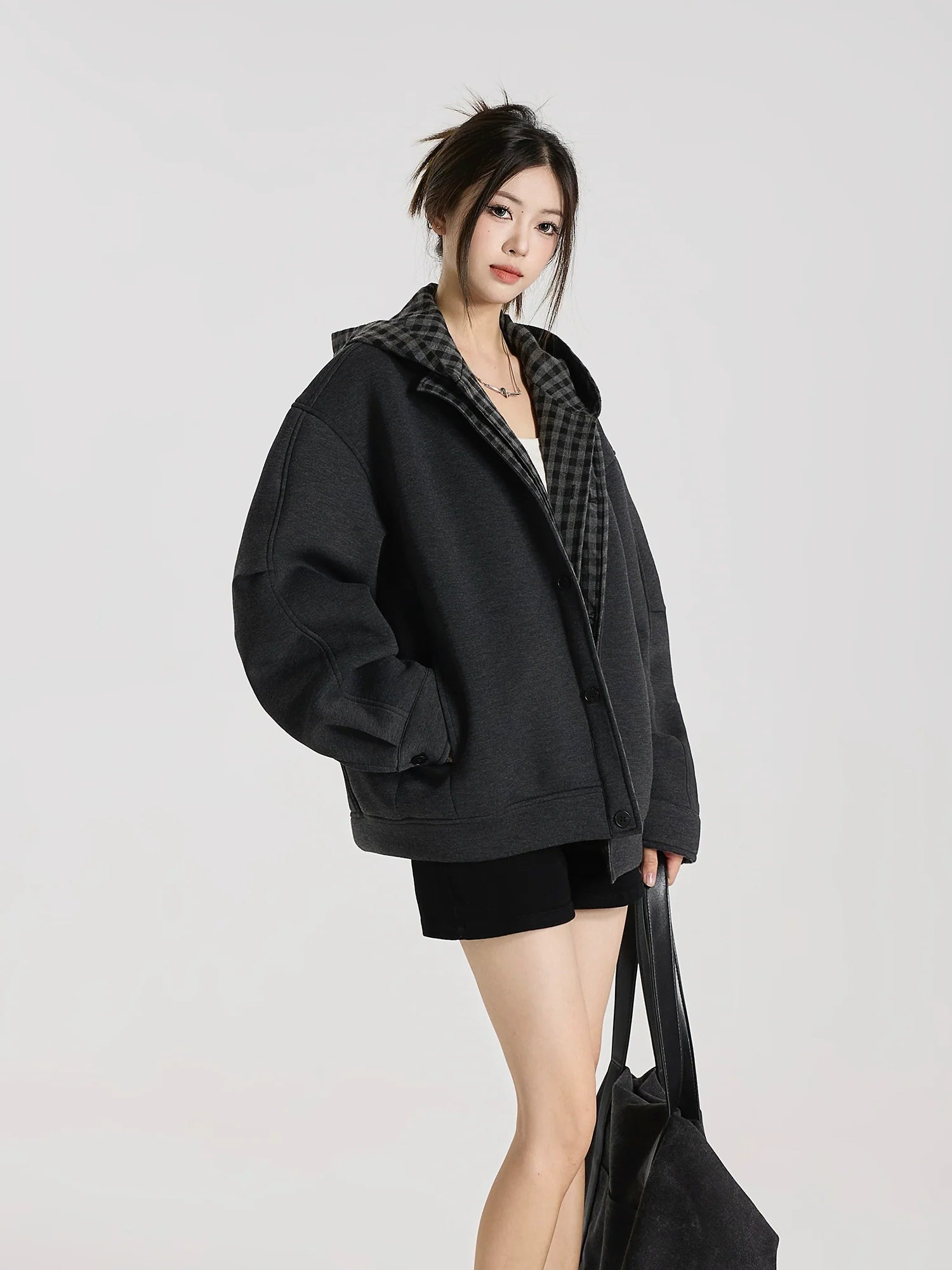 Time Overlapping" Jelly Air Layer Plaid Splicing Fake Two-piece Cardigan Hooded Sweater Jacket S0176