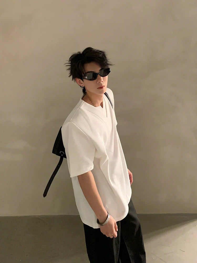 Summer high-end V-neck metal decorative shoulder pads short-sleeved T-shirt male ruffian handsome loose half-sleeved top J0090