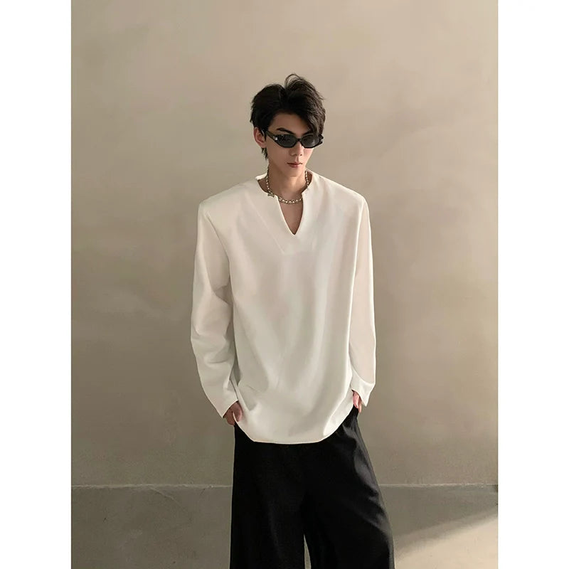 Summer high-end V-neck metal decorative shoulder pads short-sleeved T-shirt male ruffian handsome loose half-sleeved top J0090