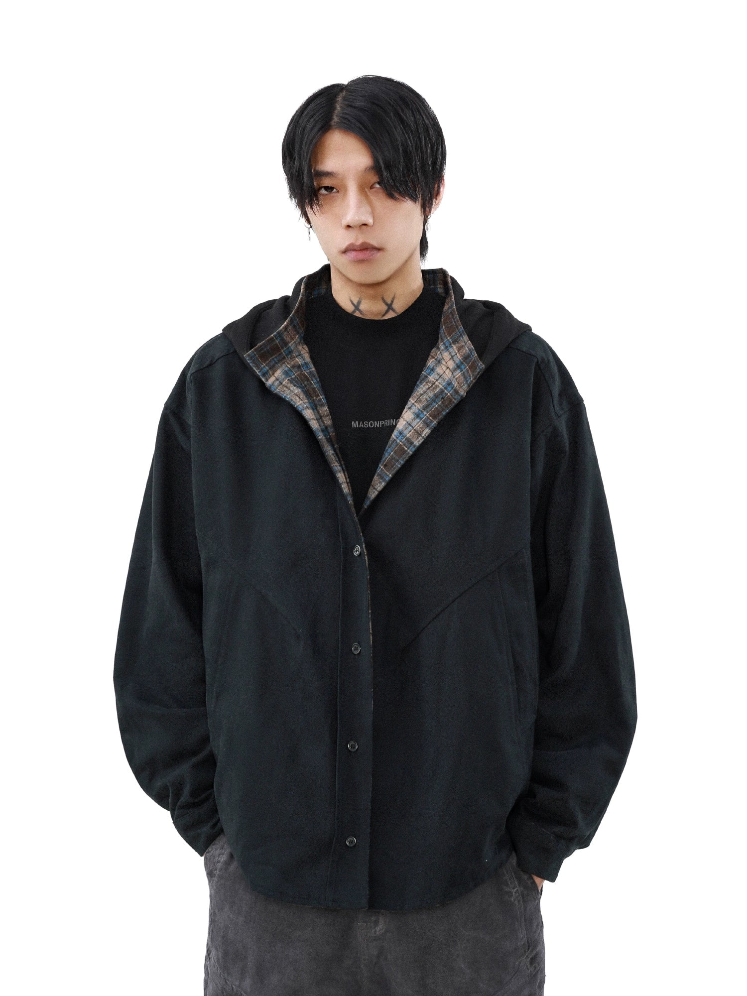 American retro double-sided plaid hooded jacket jacket men's niche spring loose couple sweater S0178