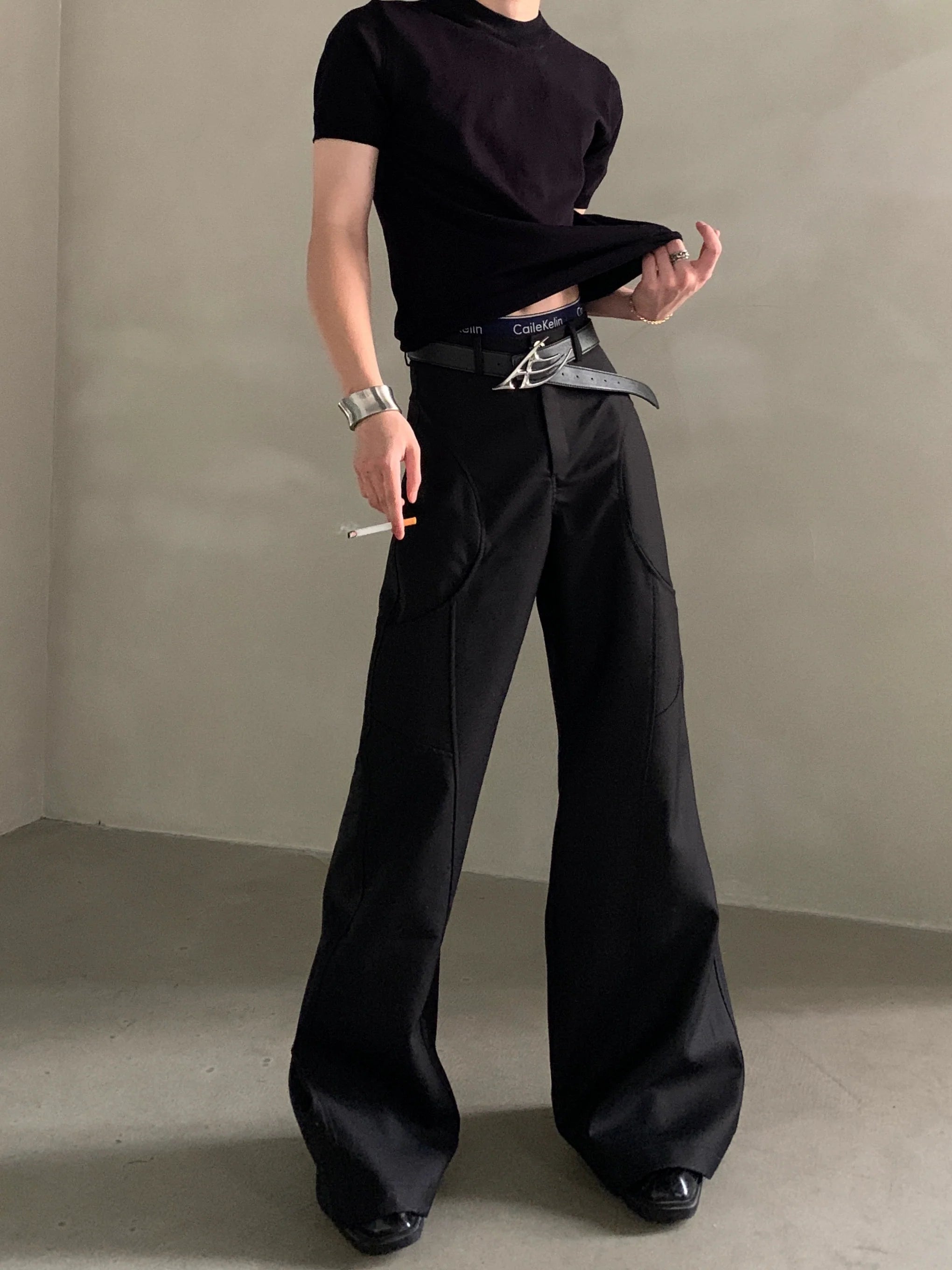 Niche design silhouette black micro-flared trousers men's senior sense cleanfit casual pants tide B0323