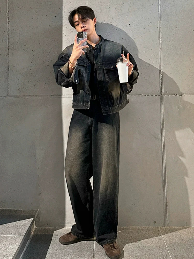 Ruffian handsome retro stand-up collar denim jacket men's spring and autumn loose wide-leg jeans Korean fashion suit T0150