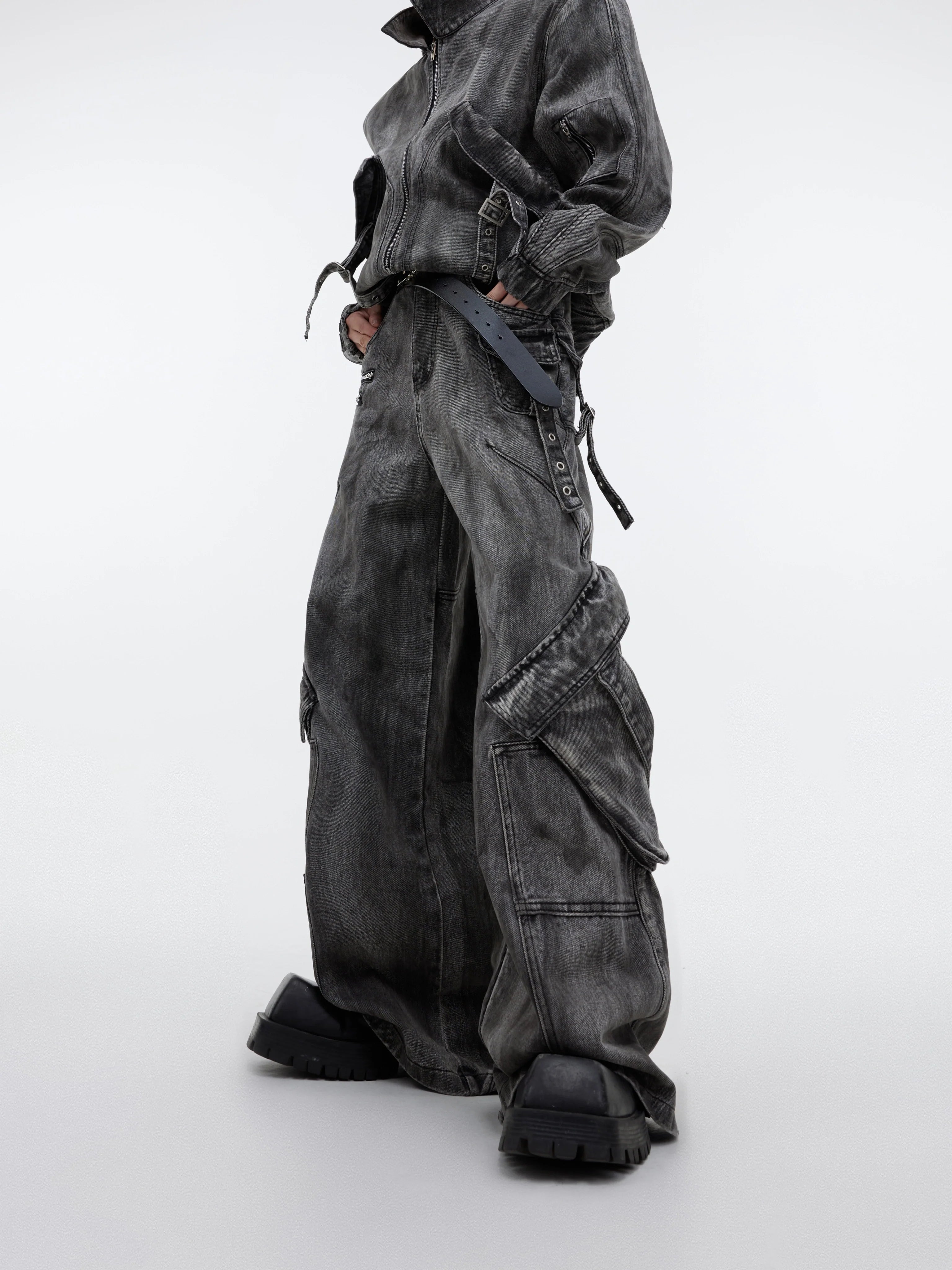 Niche retro old denim suit jacket jacket wasteland heavy zipper big pocket overalls R016