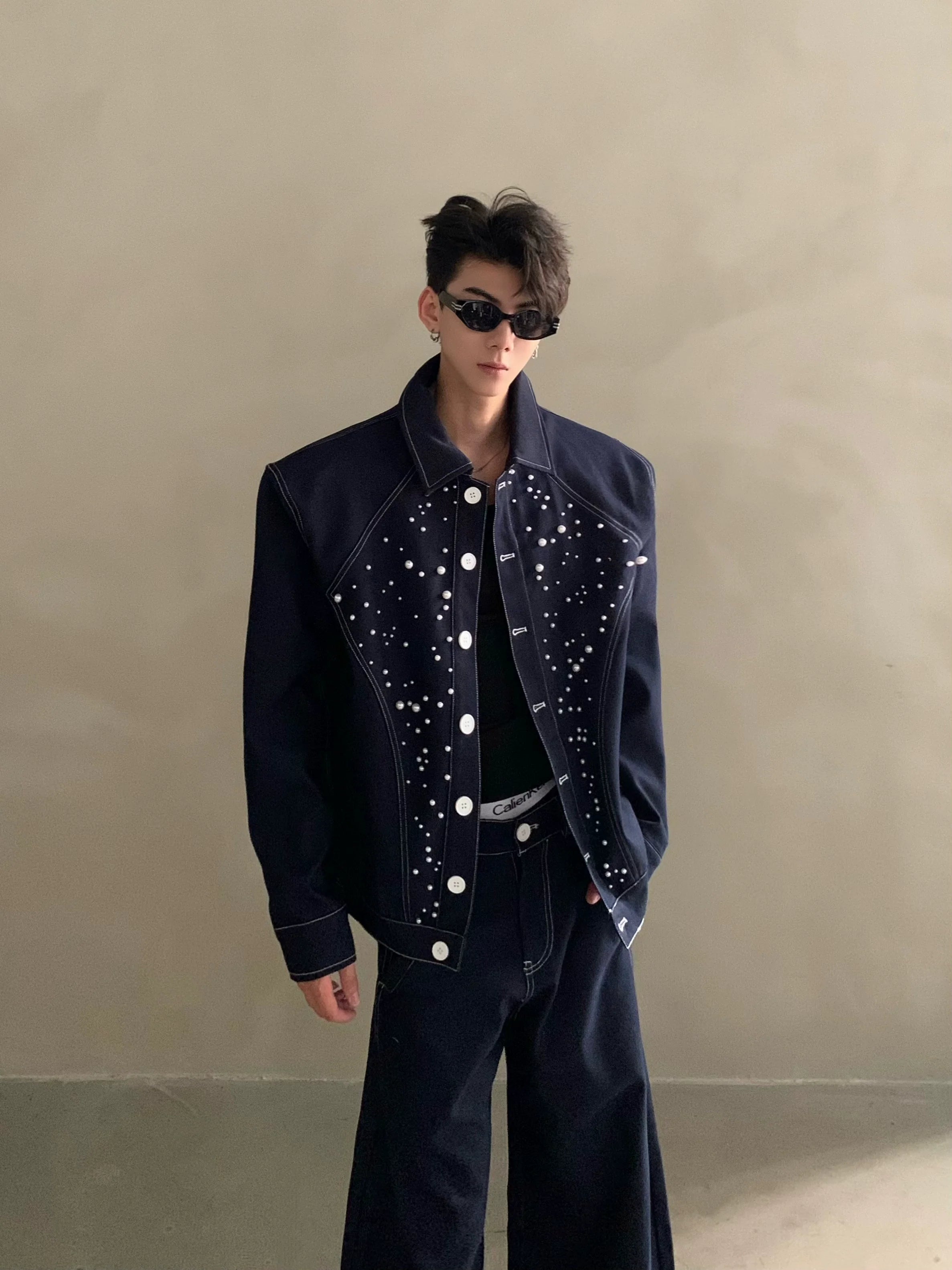 Niche high-end sense light luxury bright diamond pearl design denim jacket men's ruffian handsome fashion suit tide R006