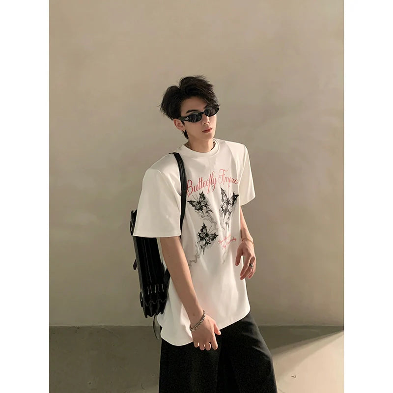 Summer niche high-end butterfly printing heavy shoulder pads short-sleeved T-shirt men's half-sleeved top tide J0087