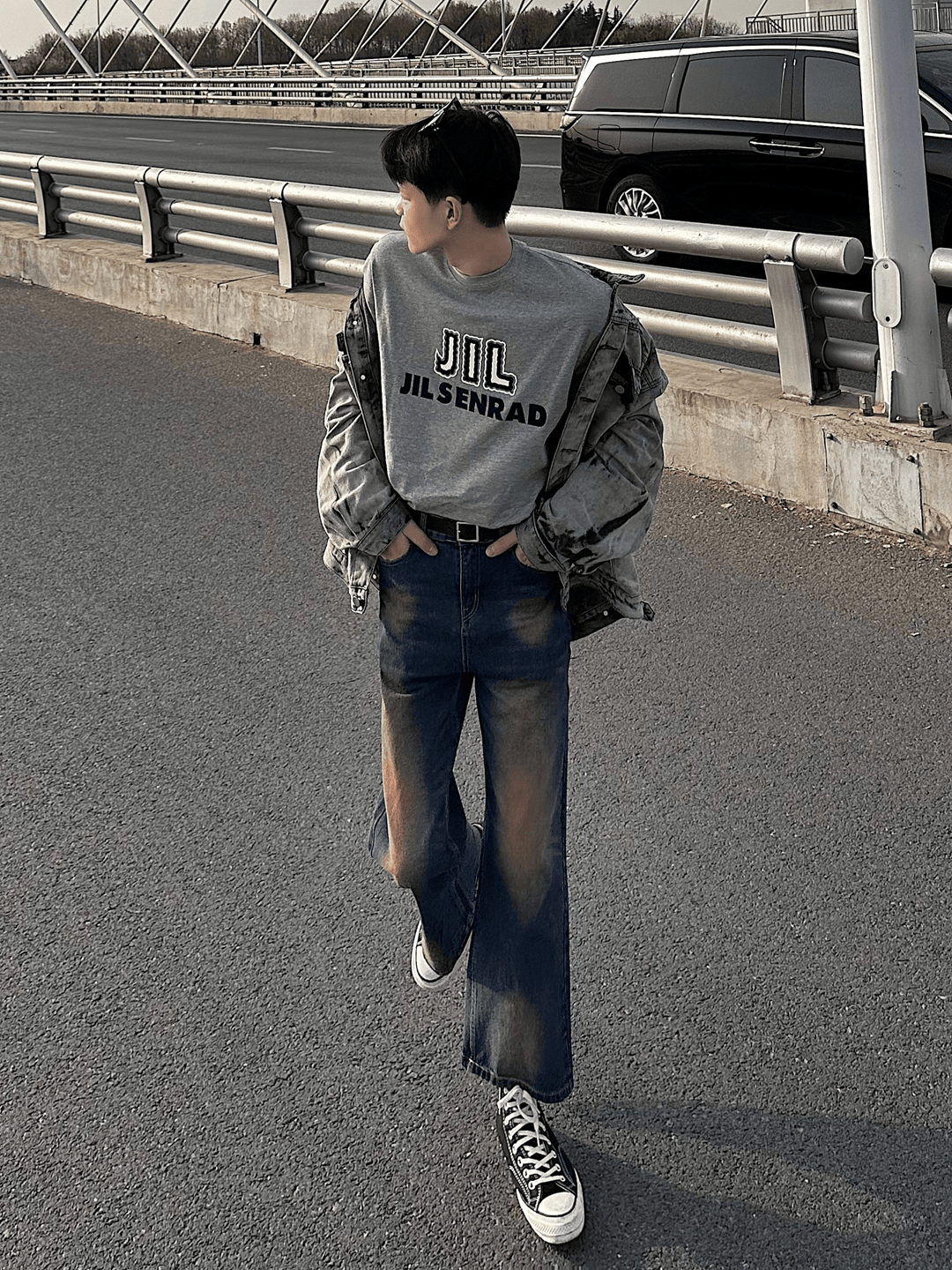 Washed contrast color wide leg jeans B0119