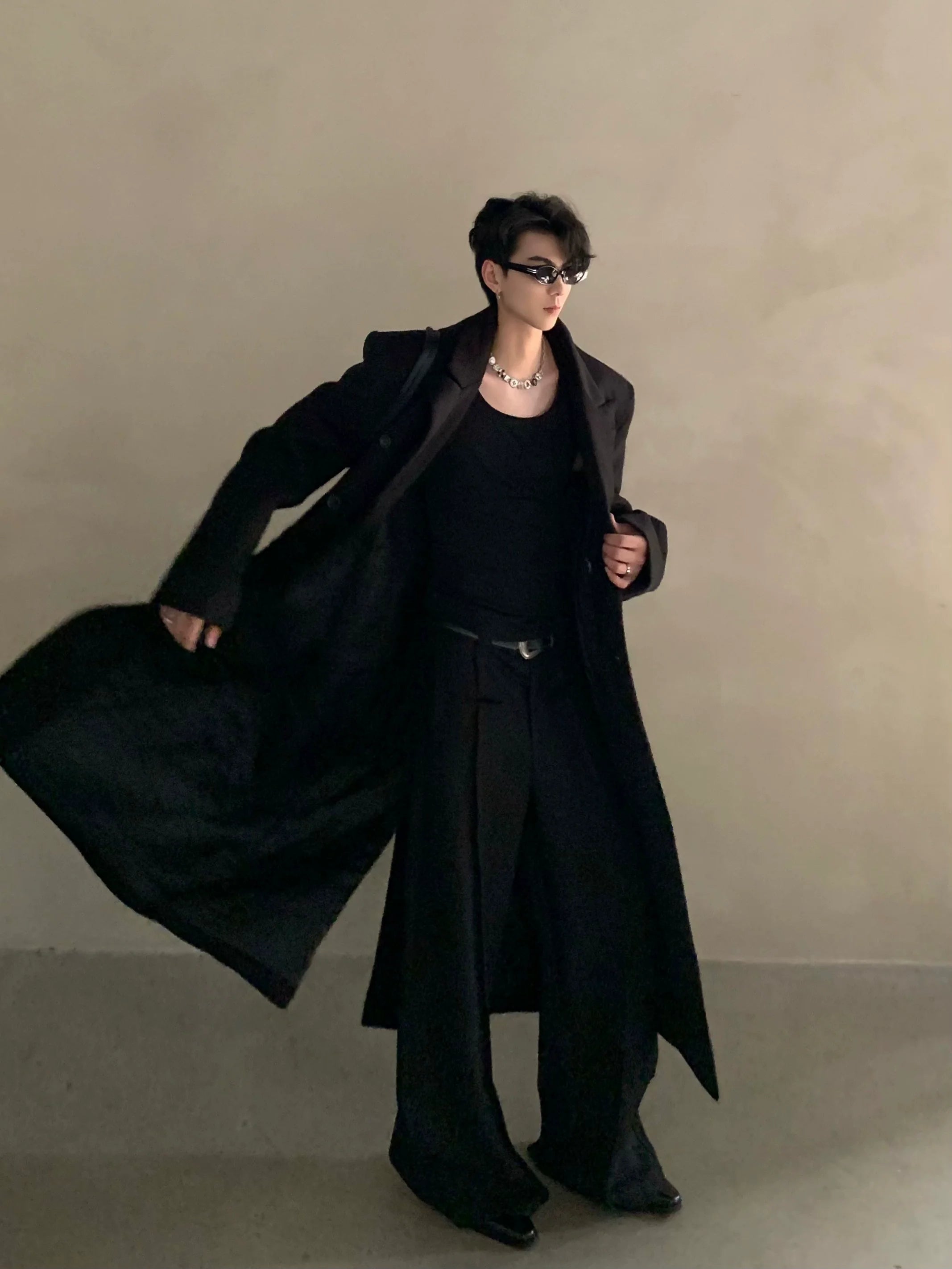 冬用ニッチショルダーパッド入りシルエットウールコートメンズロングダブルブレストプレミアムトレンチコートR037 