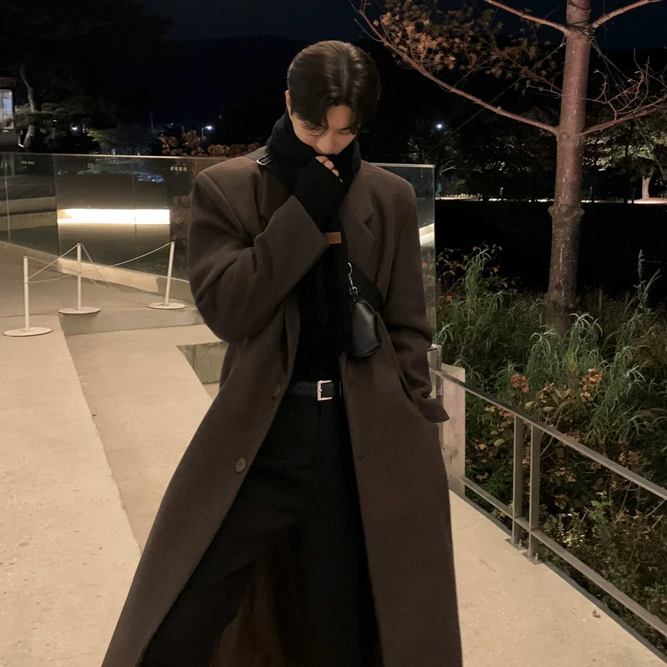 ウールコートメンズ冬ミディアムロング膝丈ウールトレンチコート韓国雰囲気厚手暖かいジャケットR038