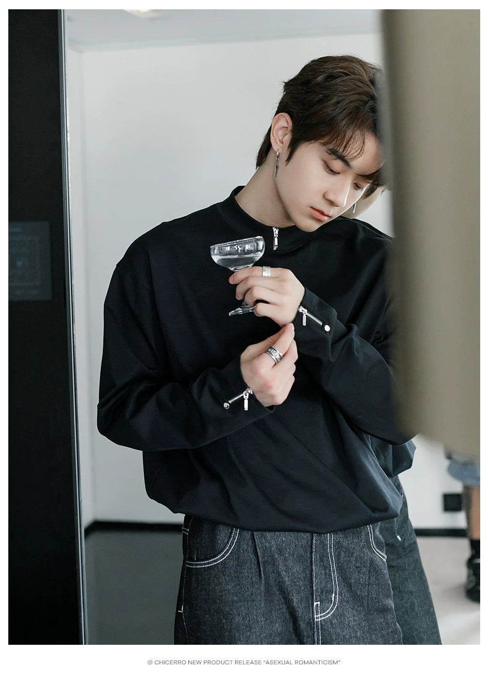 Men's spring zipper design sense inner bottoming shirt thin white long-sleeved T-shirt tide J0084