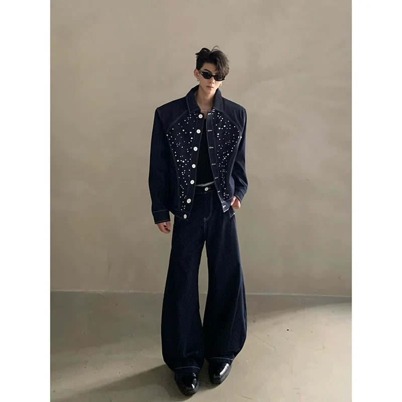 Niche high-end sense light luxury bright diamond pearl design denim jacket men's ruffian handsome fashion suit tide R006