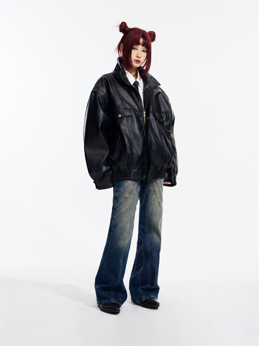 [PeopleStyle] Genderless wear silhouette fashionable leather jacket T0166