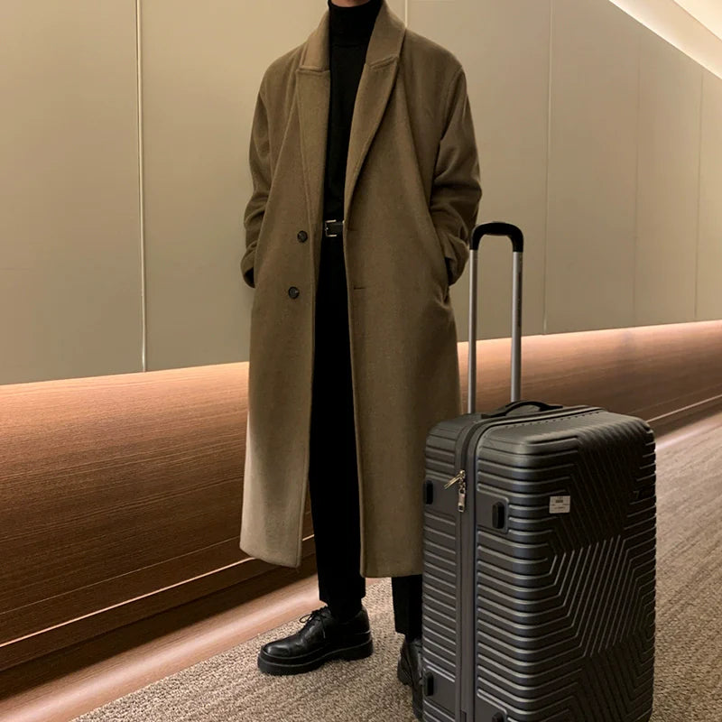 Abrigo de lana para hombre, abrigo coreano de invierno de alta gama hasta la rodilla, abrigo de lana grueso retro suelto, moderno R034 
