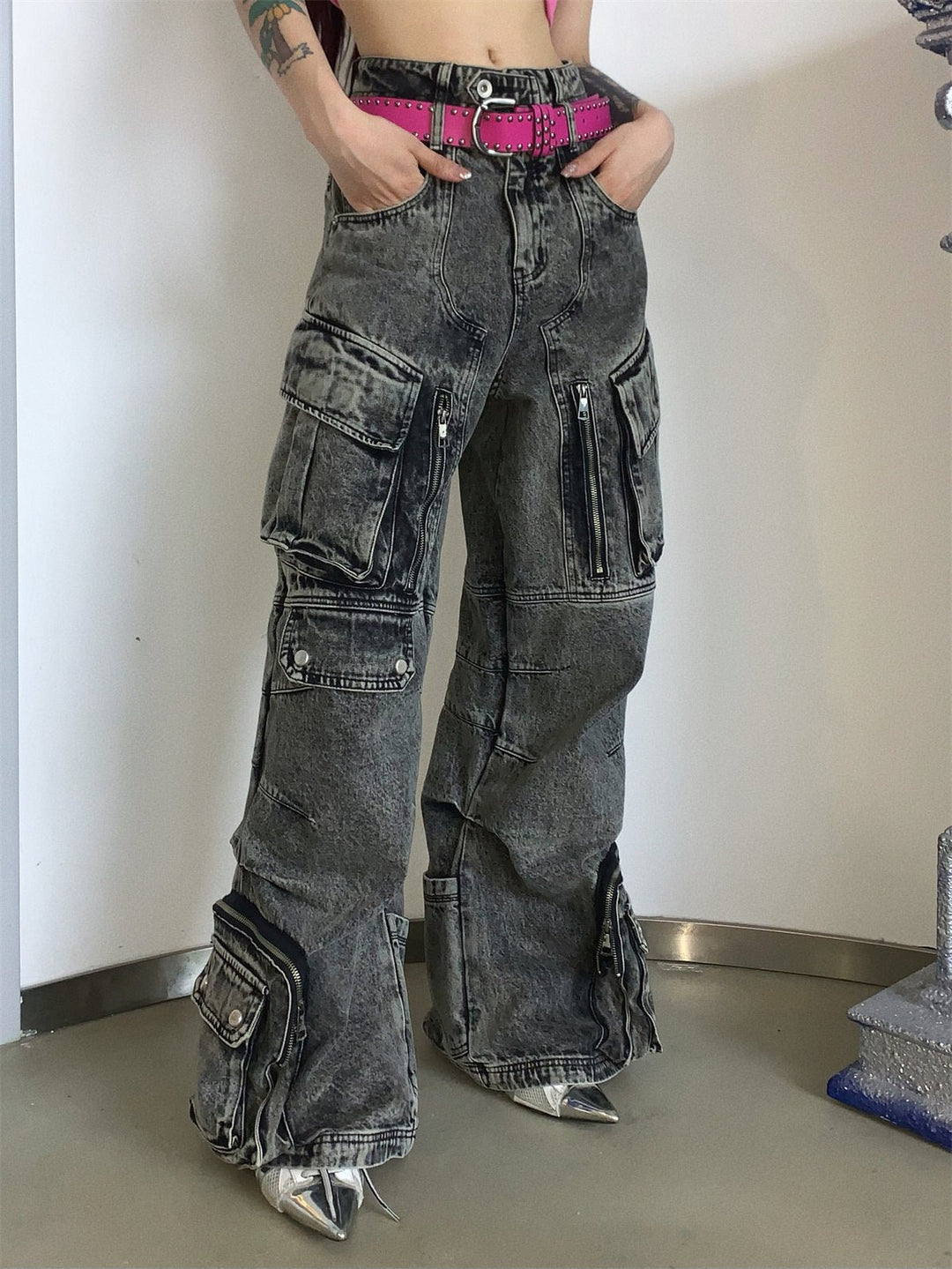 Multi-pocket wide leg casual jeans B0145