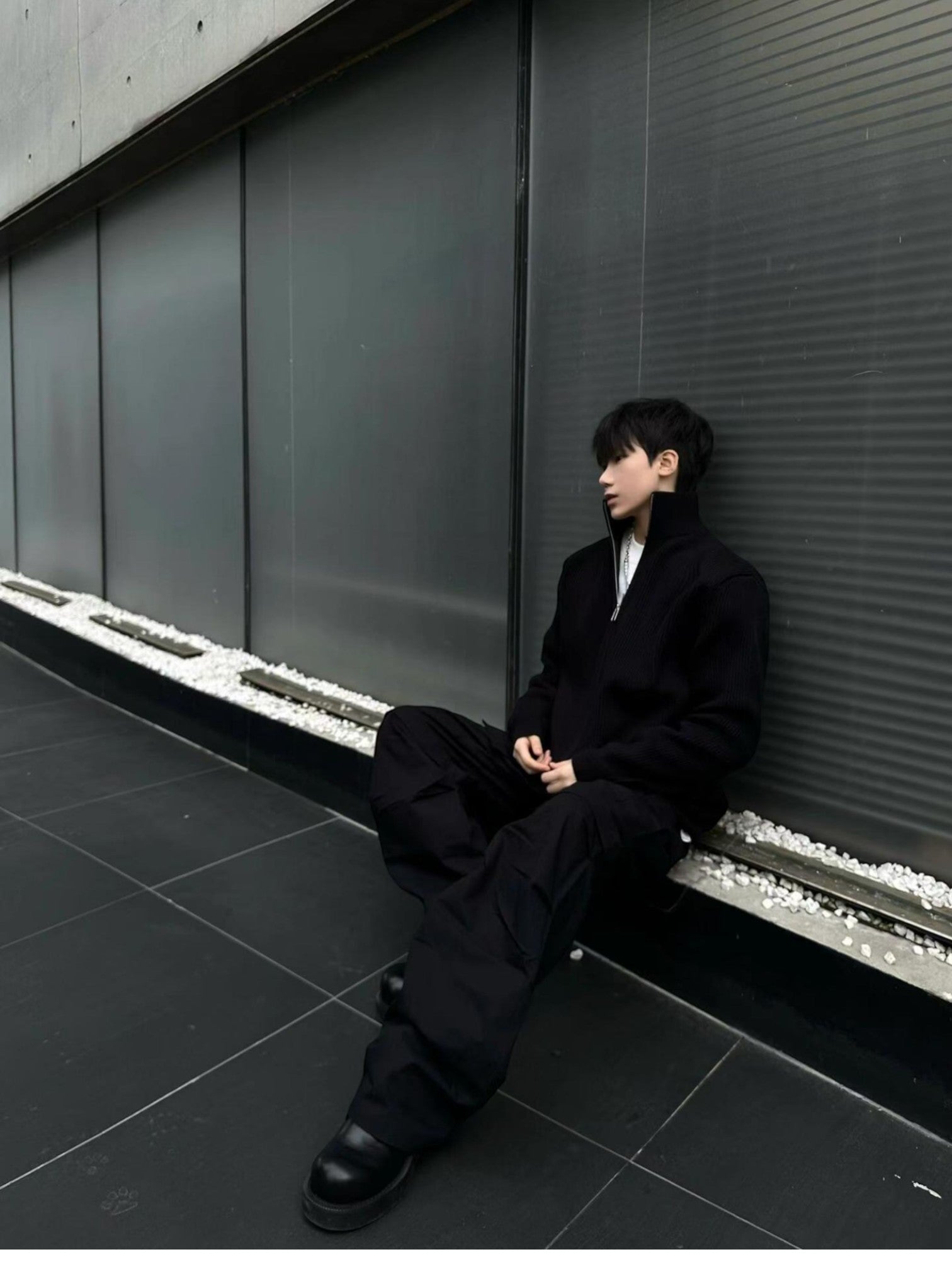 [WXB] KOREAN RIBBED ZIP-UP HIGH COLLAR shirt T0203