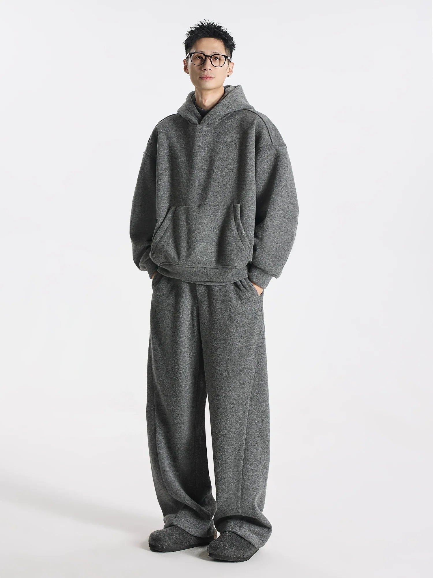 Kangaroo sweater heavy double stream spinning terry cloth stacked wear velvet kangaroo hooded sweater set S0177