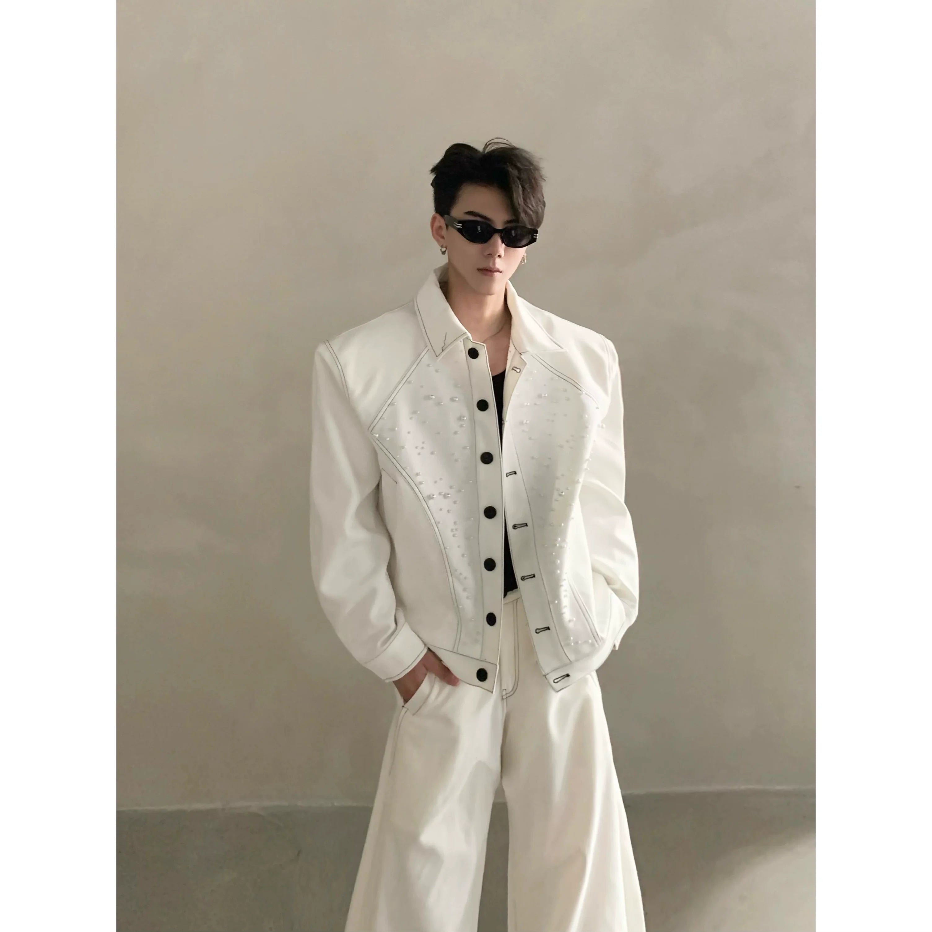 Niche high-end white shoulder padded jacket jacket men's autumn trousers suit minimalist style R003