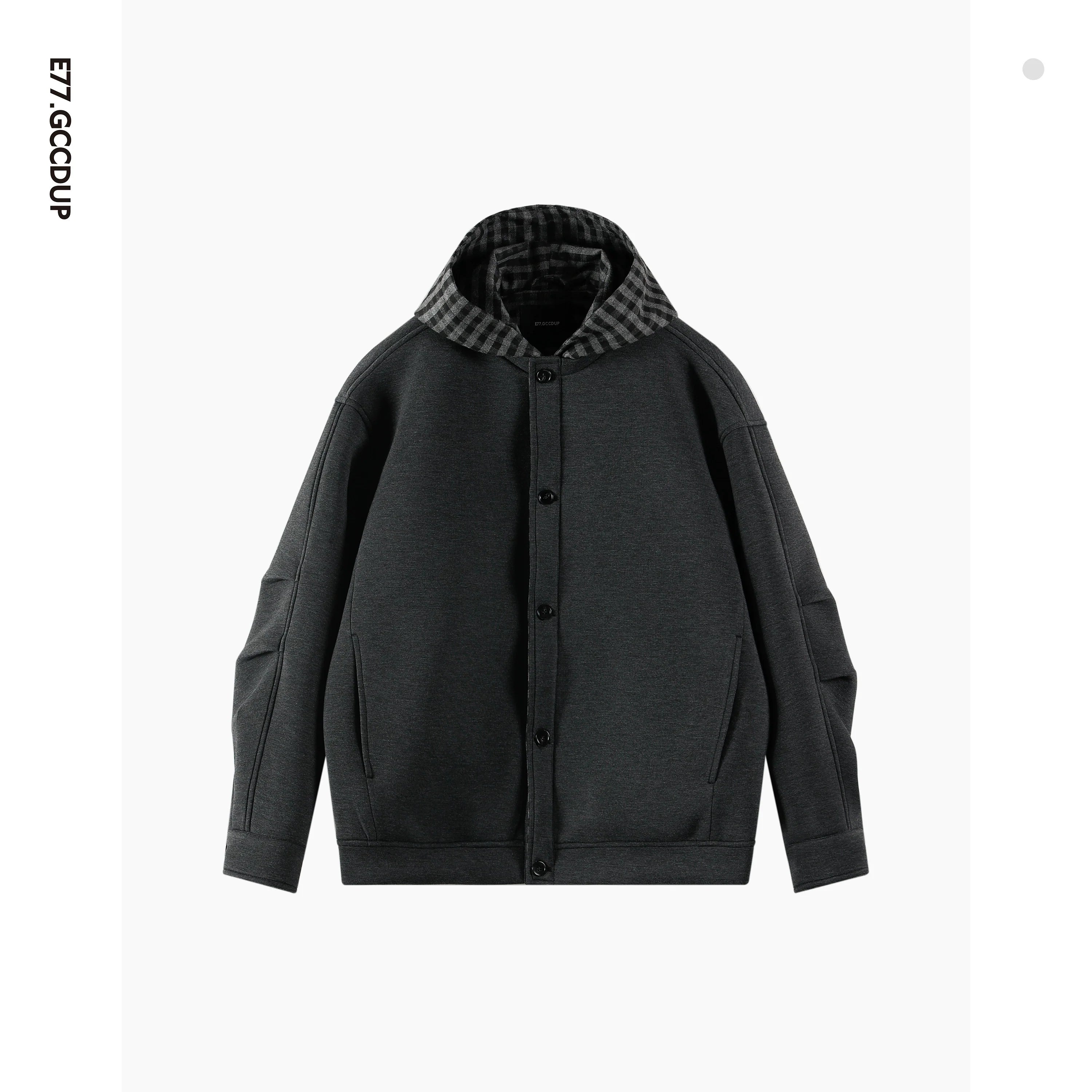 Time Overlapping" Jelly Air Layer Plaid Splicing Fake Two-piece Cardigan Hooded Sweater Jacket S0176