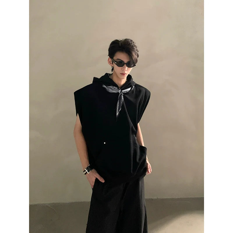 Summer high-end sense niche design sense silk scarf collar sleeveless T-shirt male ruffian handsome silhouette half-sleeve tide J0085