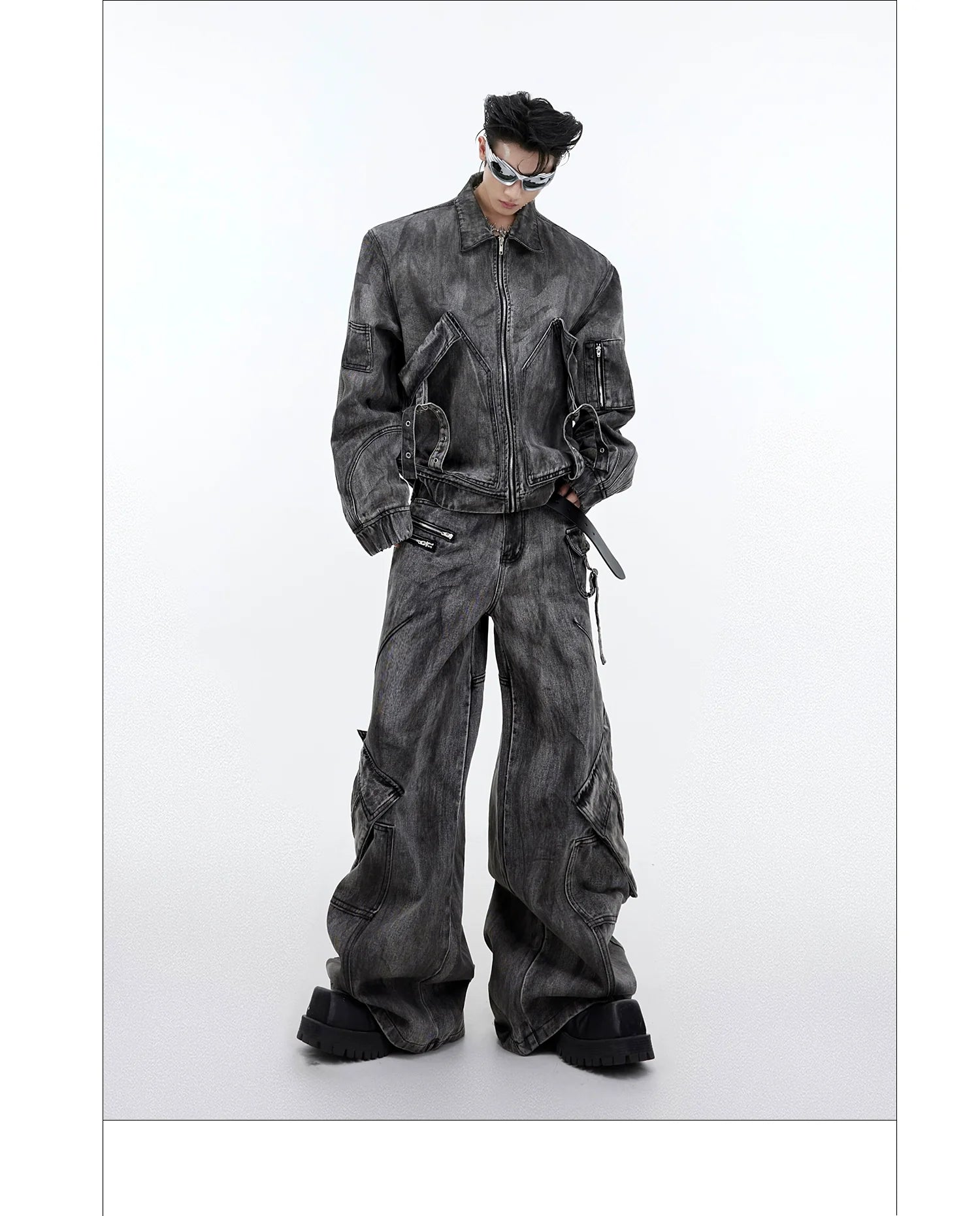 Niche retro old denim suit jacket jacket wasteland heavy zipper big pocket overalls R016