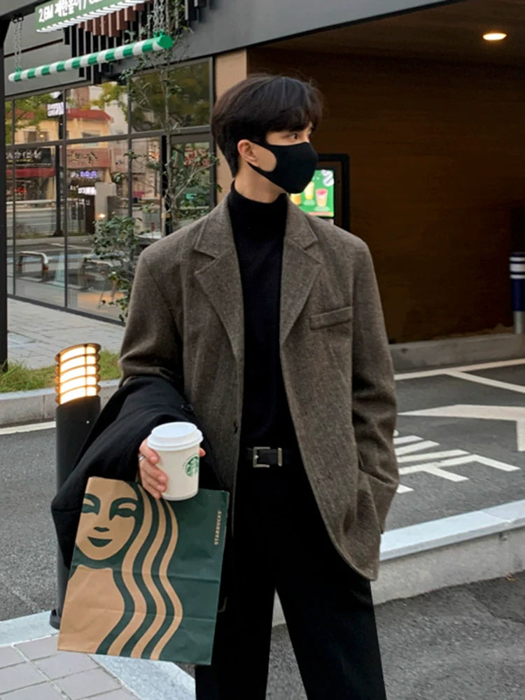 Woolen blazer Men's autumn and winter Korean loose trend thickened high-end small suit top R002